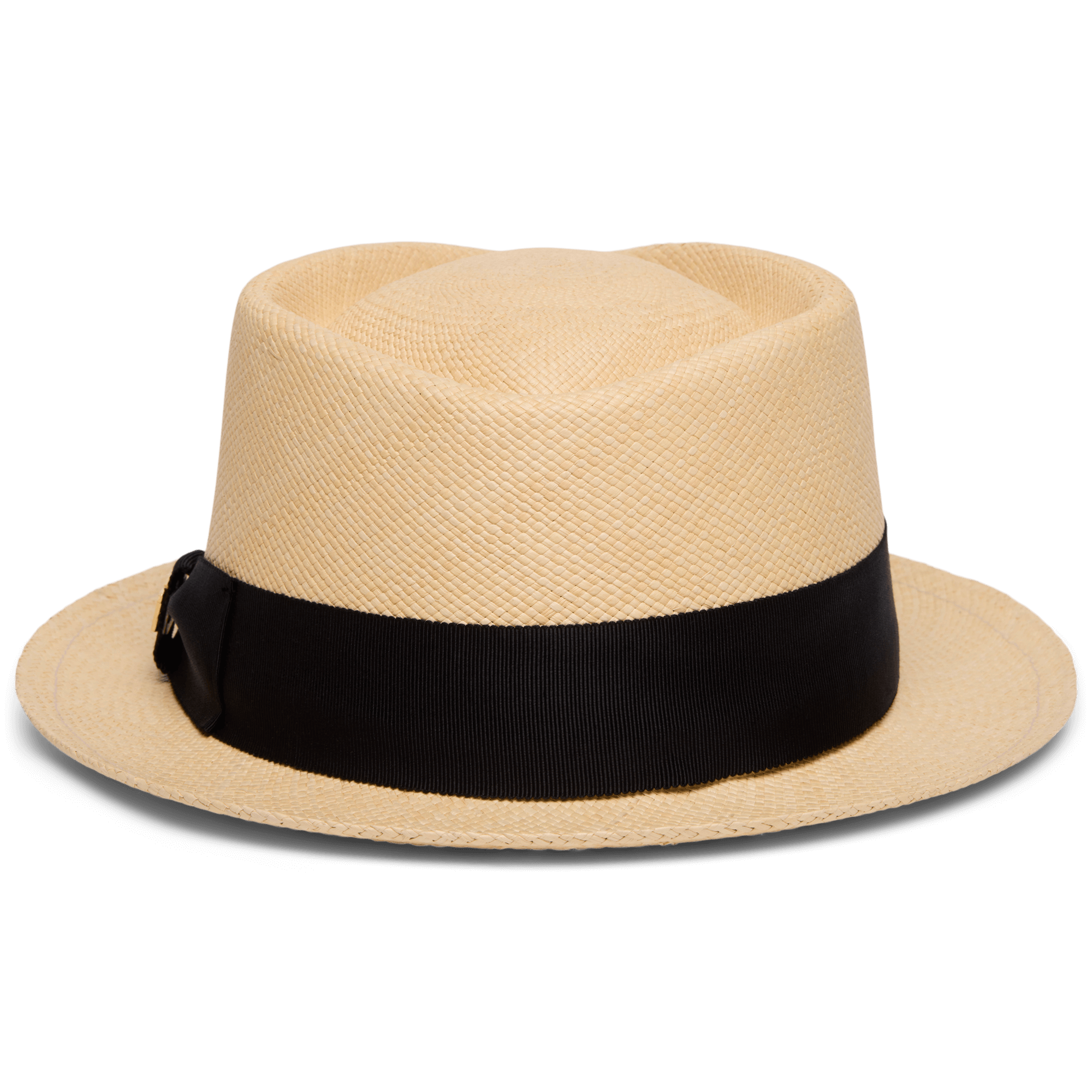 The "That's All Folks" hat by Goorin Bros. is a beige handwoven Ecuador Panama style, accented with a wide black ribbon band and shown on a plain white background.