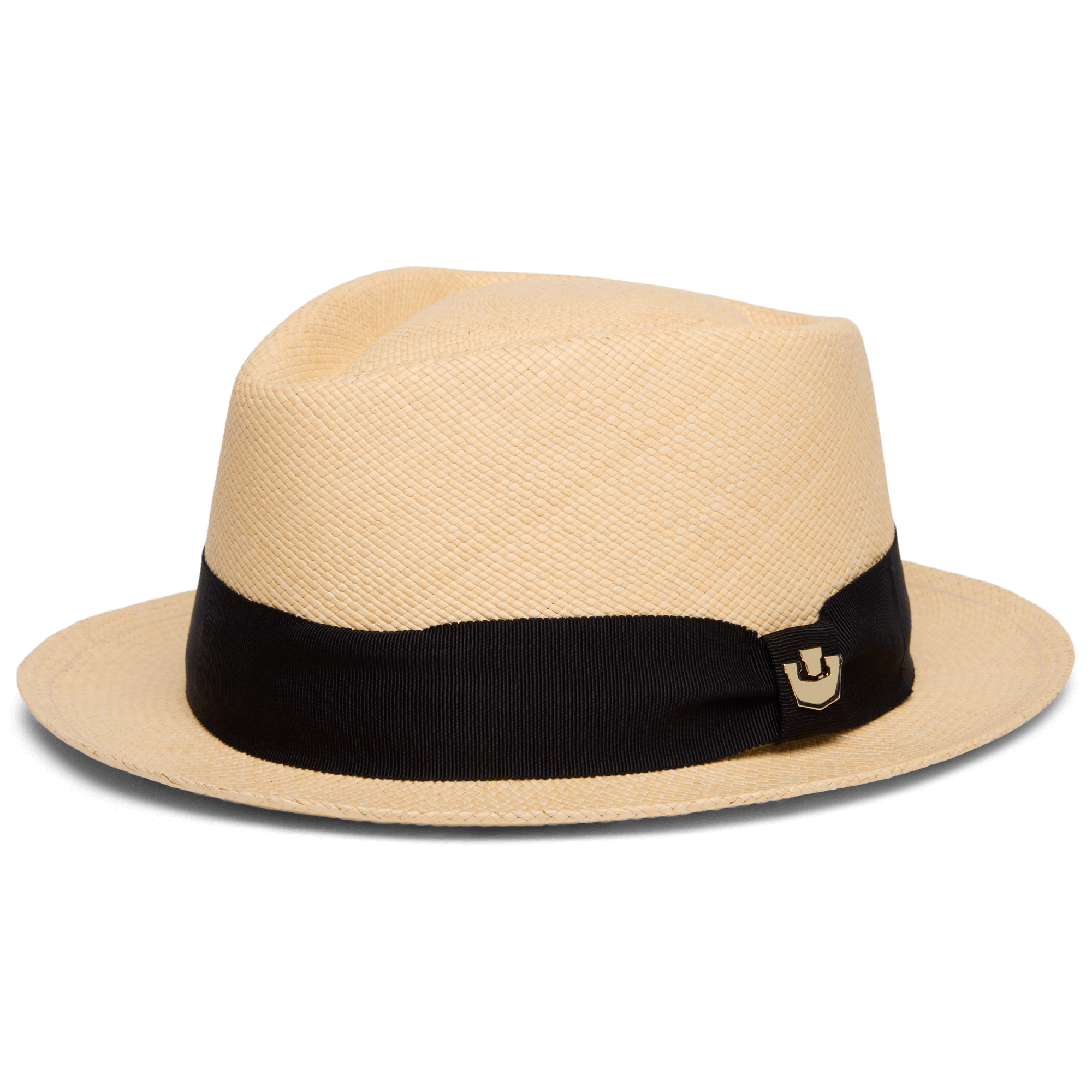 The That's All Folks hat by Goorin Bros. is a genuine Panama, handwoven in Ecuador, with a light hue, wide black ribbon band, and a small decorative pin on the side.