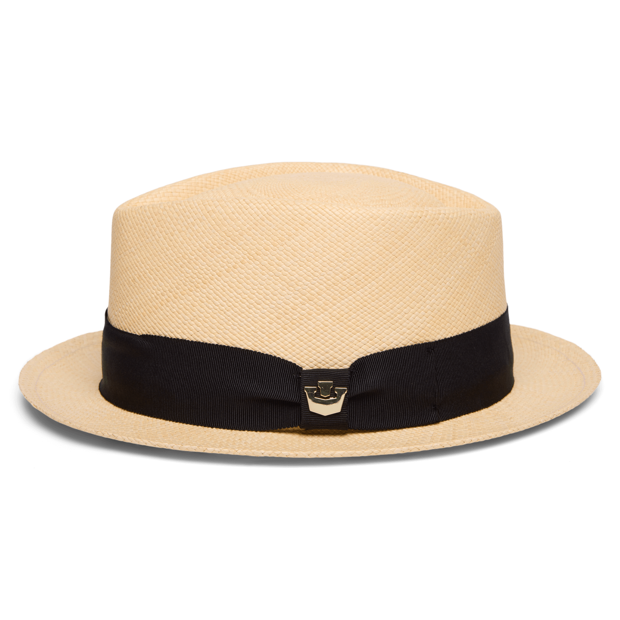 The "That's All Folks" Panama hat by Goorin Bros. is a beige genuine straw hat, handwoven in Ecuador, featuring a black ribbon band and a small metallic emblem at the front.