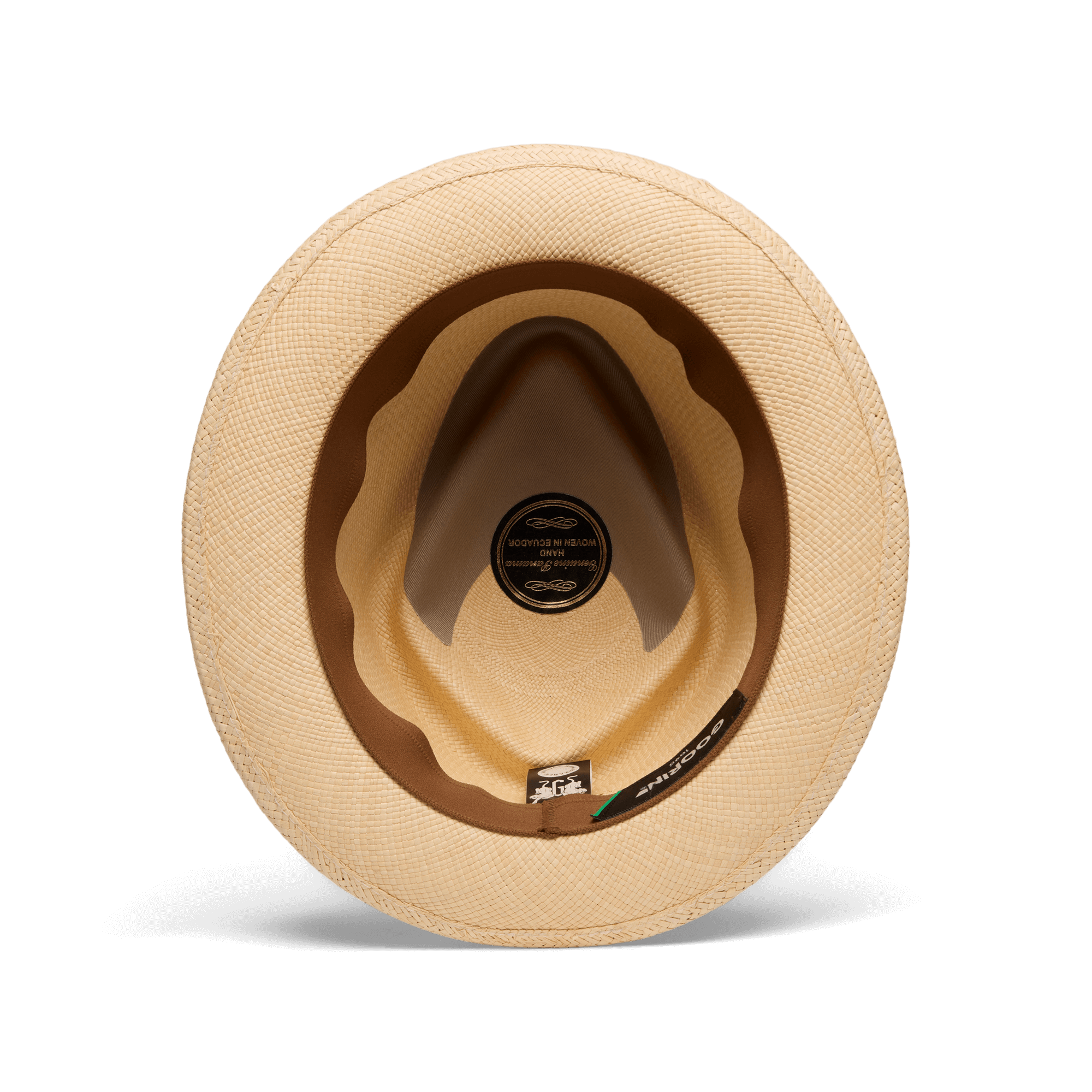 Overhead view of the That's All Folks lightweight hat by Goorin Bros., featuring the inner band, crown, and a circular brand label at the center.