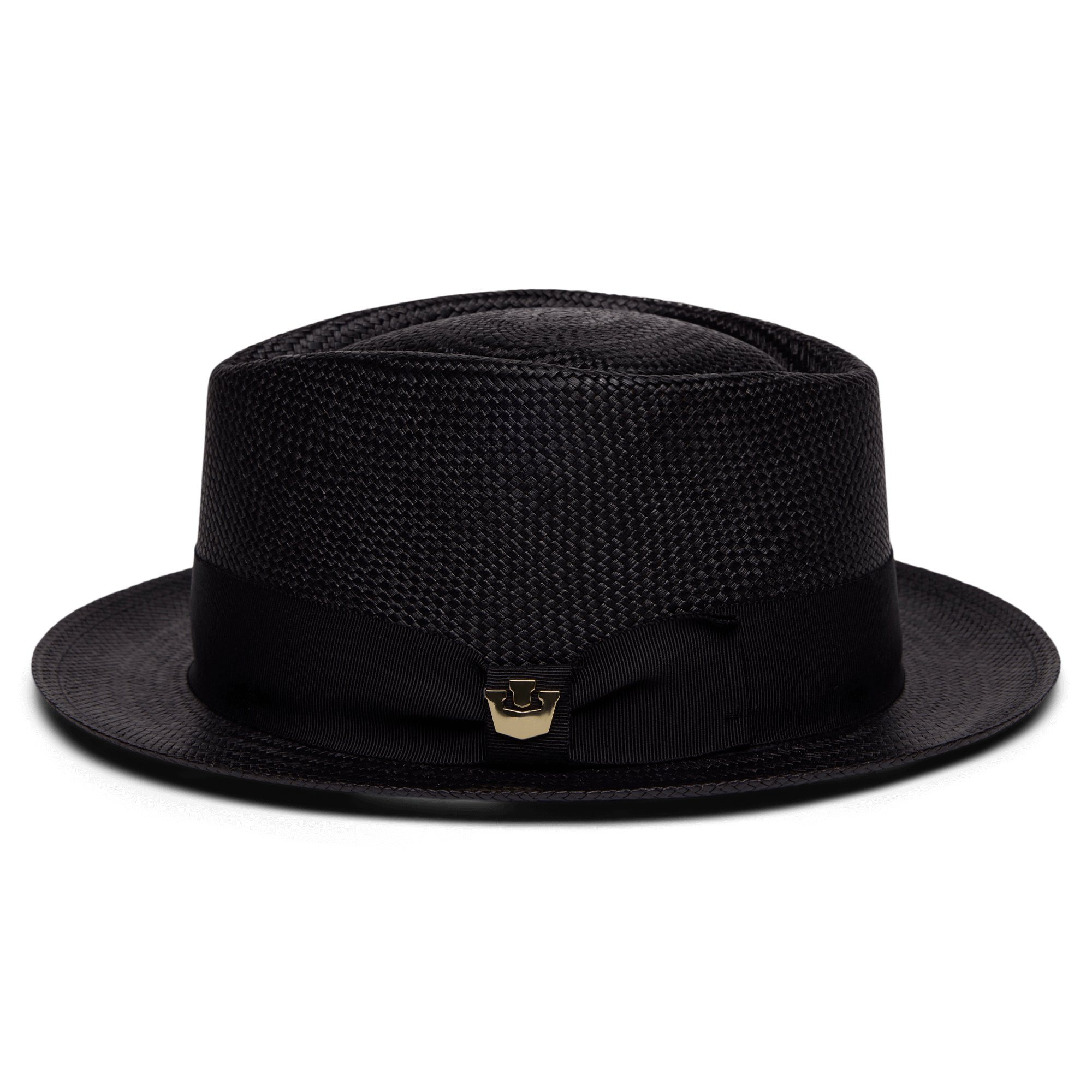 The "That's All Folks" hat by Goorin Bros. is a lightweight black Panama straw style with a flat crown, wide brim, black ribbon band, and a small metallic side emblem.