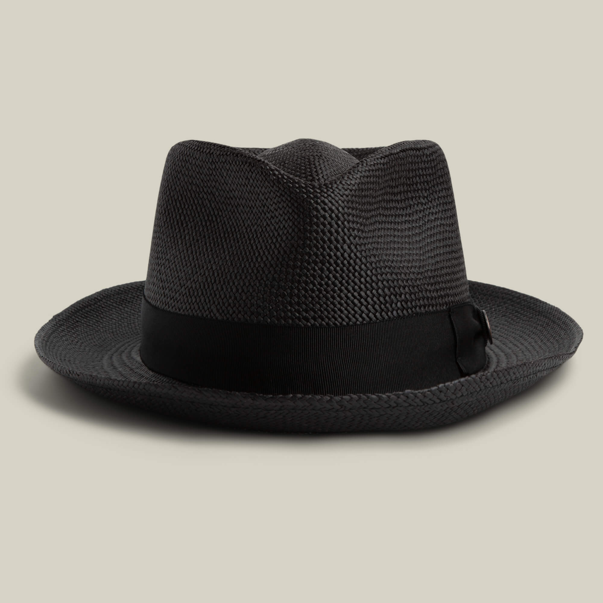 The Goorin Bros. John Sr. is a black woven toquilla teardrop fedora hat with a black ribbon band and 50 UPF sun protection, shown on a neutral background.
