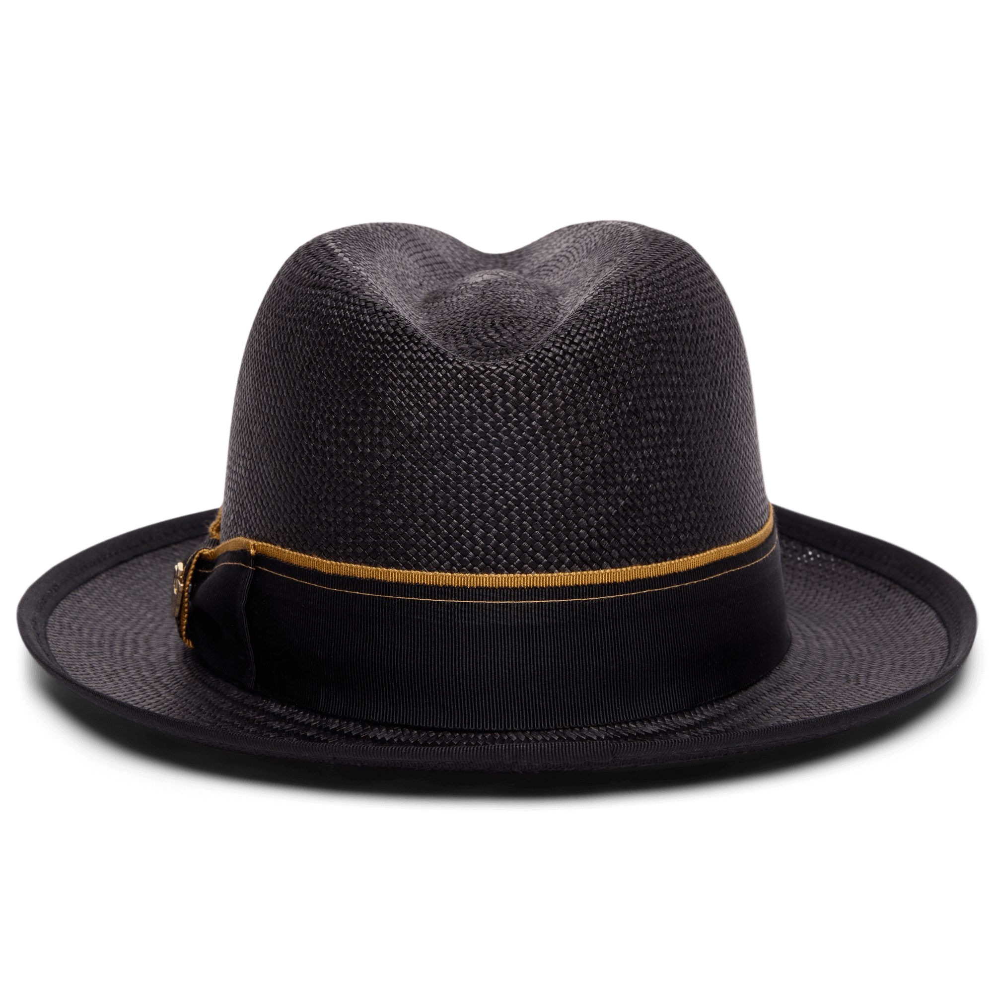 The Hartman by Goorin Bros. is a black fedora with a wide brim, grosgrain hat band, gold accent around the crown, and contrast edge binding.