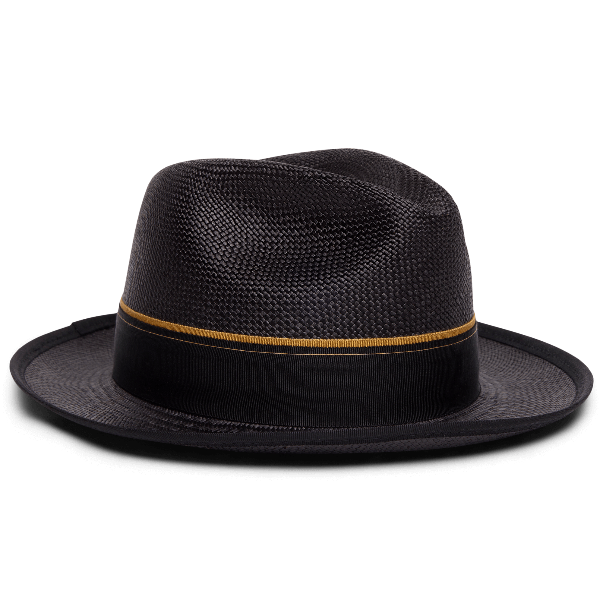 The Hartman by Goorin Bros. is a black fedora hat with a wide brim and a grosgrain band featuring a thin gold stripe, shown on a plain white background.