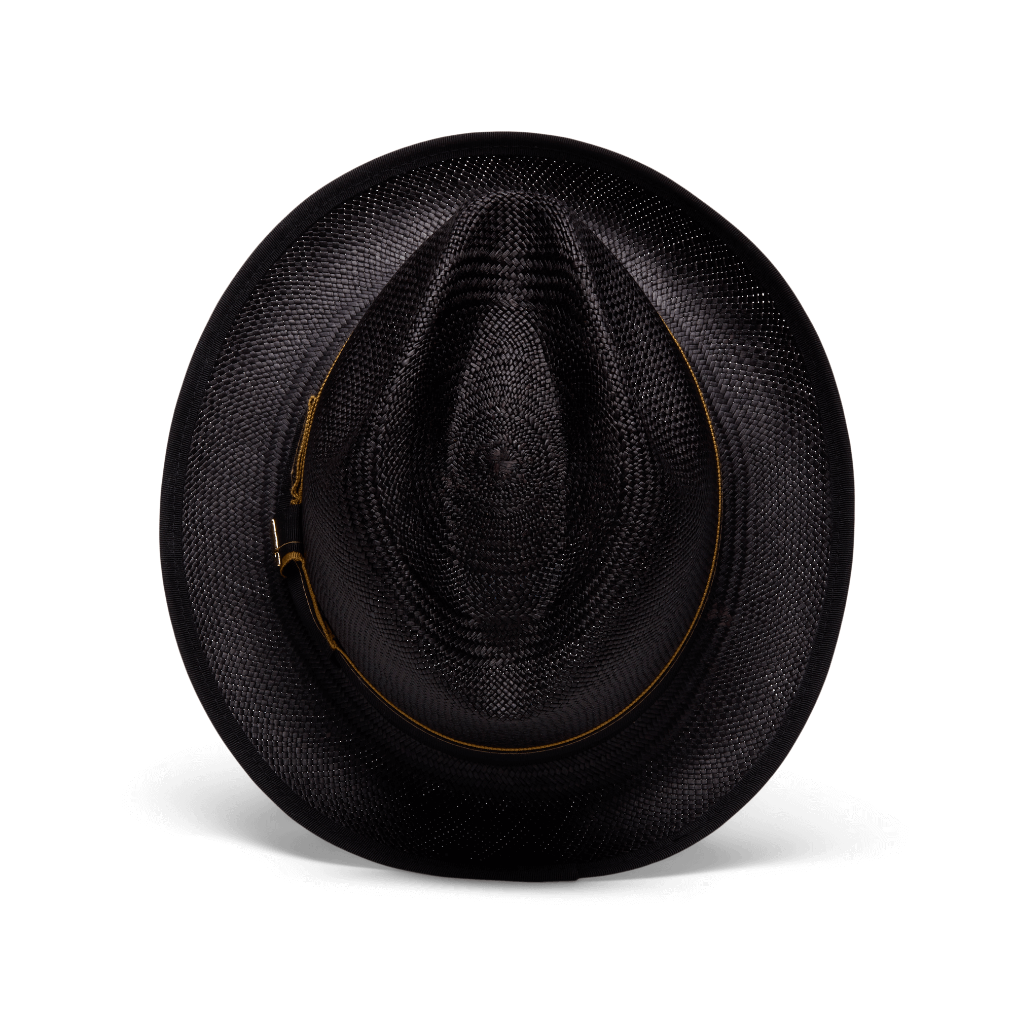 The Hartman by Goorin Bros. is a black wide-brimmed woven hat featuring a sleek grosgrain band and subtle gold accent, shown from above on a plain white background.