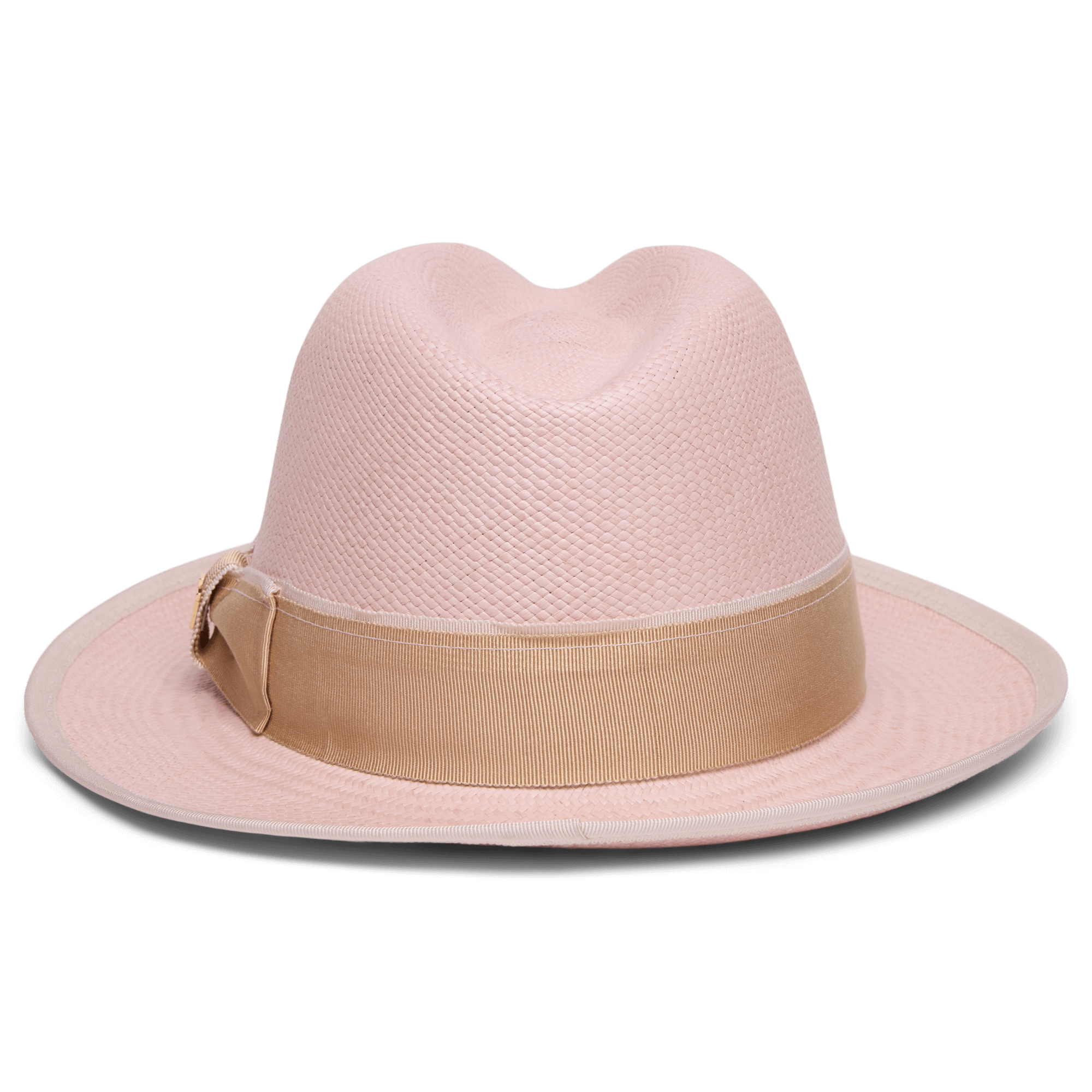 The Hartman by Goorin Bros. is a light pink wide-brim fedora with a beige grosgrain hat band, shown on a white background.