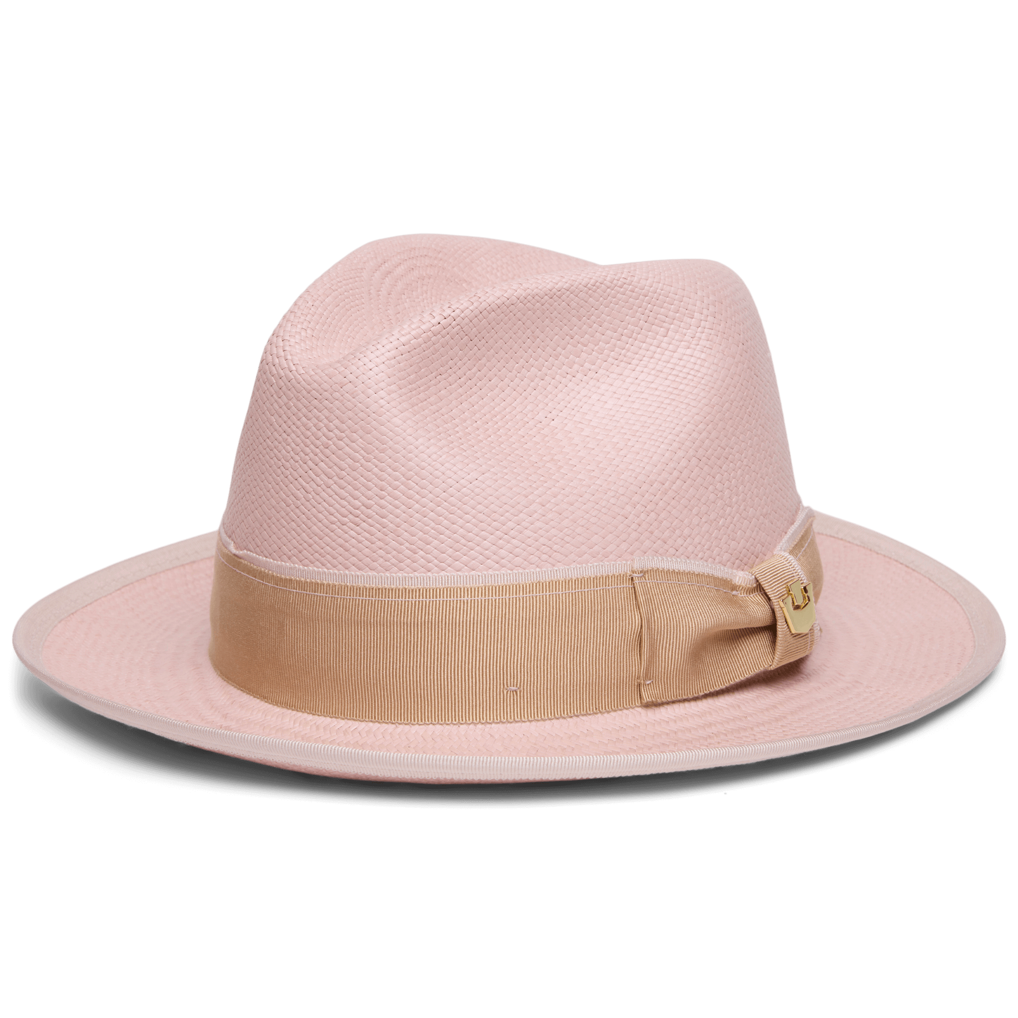The Hartman by Goorin Bros. is a light pink 100% toquilla fedora hat featuring a beige grosgrain hat band and bow, shown from the side against a white background.