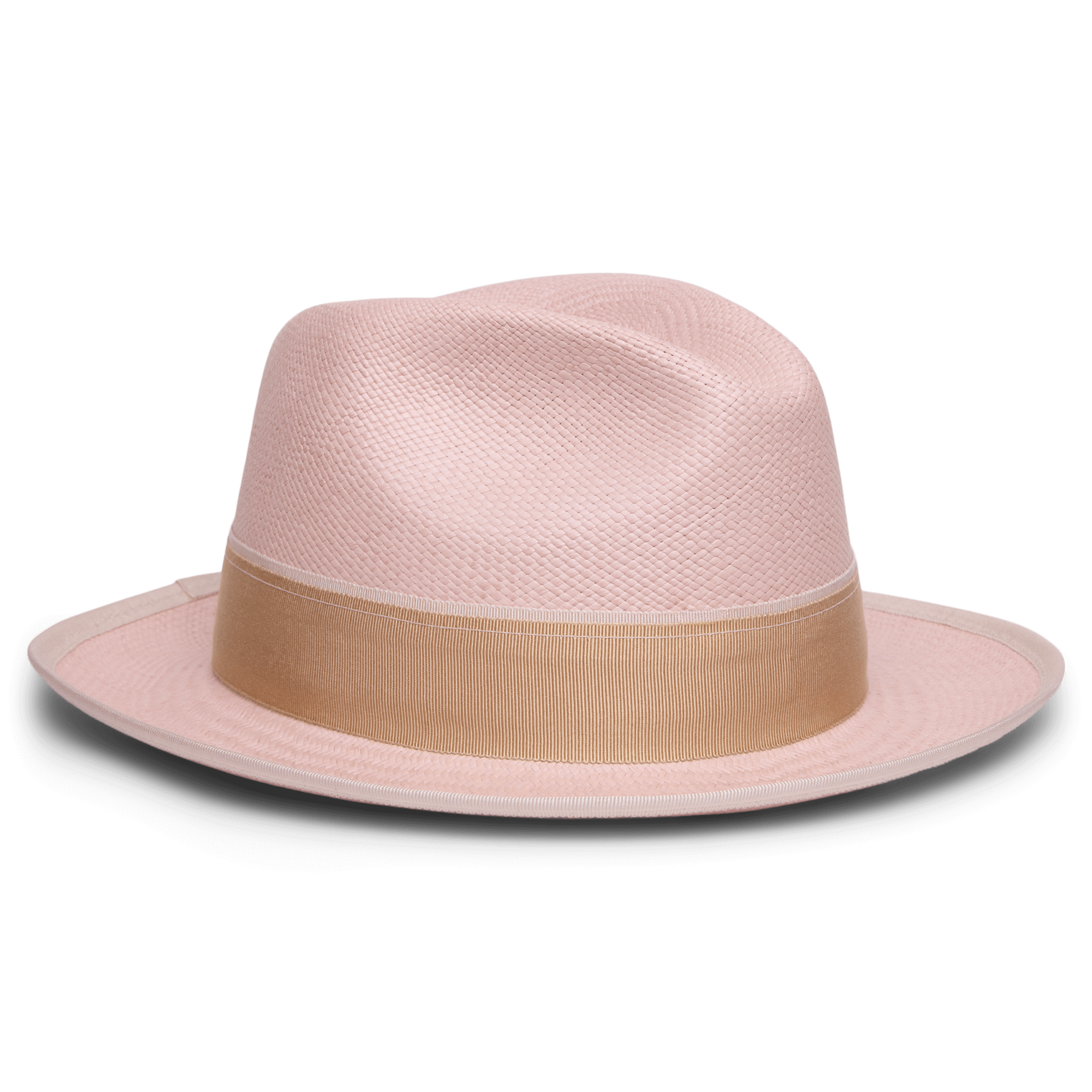 The Goorin Bros. Hartman is a light pink fedora made from 100% toquilla, featuring a wide beige grosgrain band and contrasting edge binding, shown on a white background.