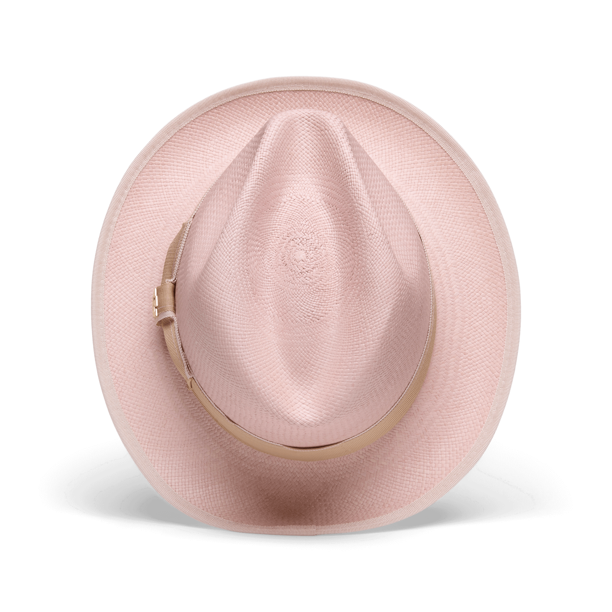 The Hartman by Goorin Bros. is a light pink straw fedora made from 100% toquilla, featuring a beige grosgrain hat band, shown from above on a plain white background.