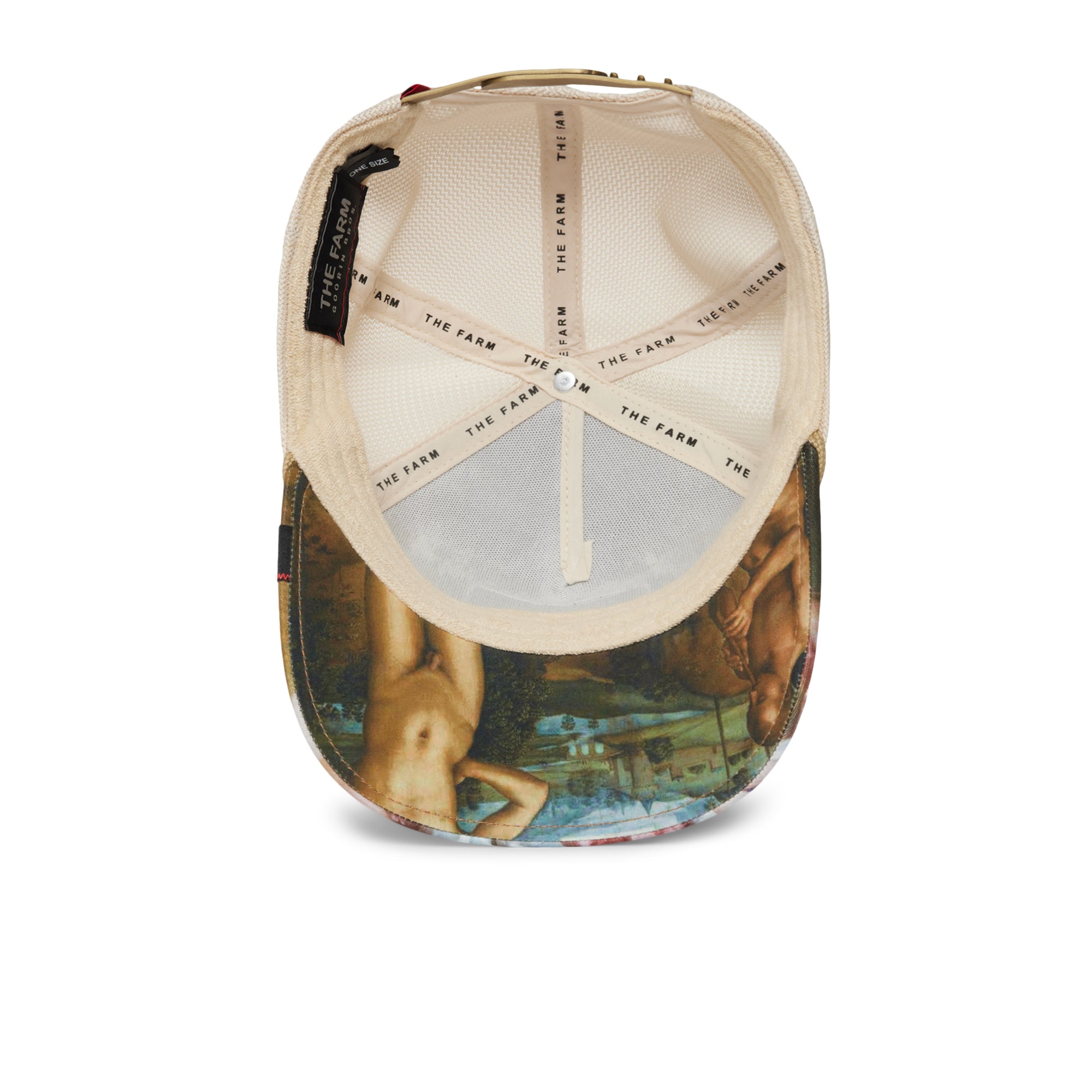 The Quid Glorier beige baseball cap by The Farm is shown from above, featuring nude figure artwork printed under the brim and branded THE FARM lining. All sales final.