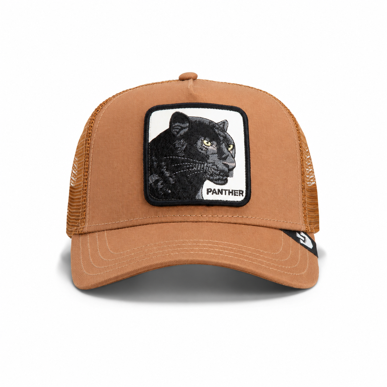 The Panther trucker hat by Goorin Bros. features brown mesh and a front patch with a black panther illustration and the word "PANTHER" beneath it, displayed on a white background. Part of The Farm collection.