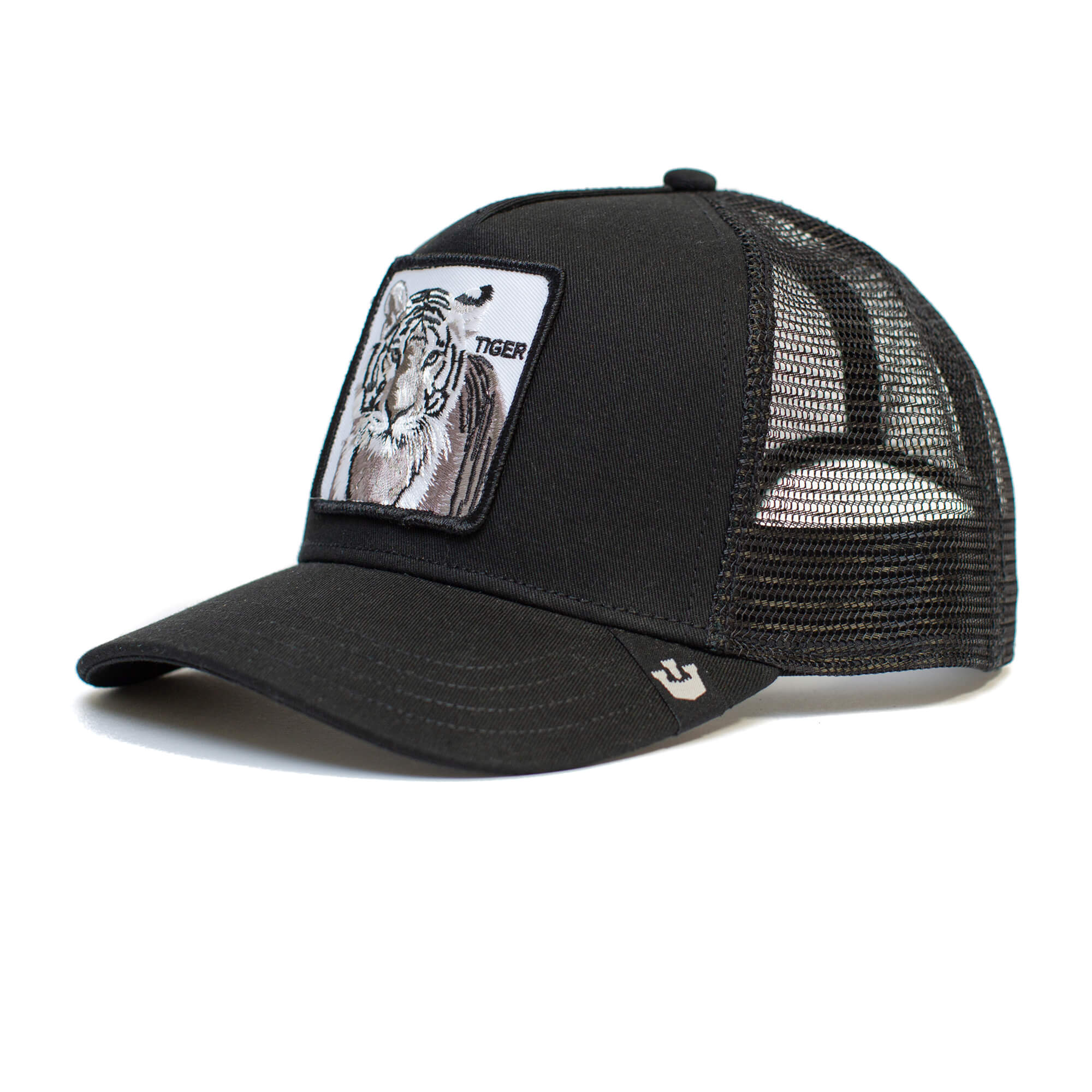 The Earn Your Stripes kid-sized trucker cap by Goorin Bros. features black mesh, a curved brim, and an embroidered tiger patch with "TIGER" on the front. Adjustable fit for ages 4-10.