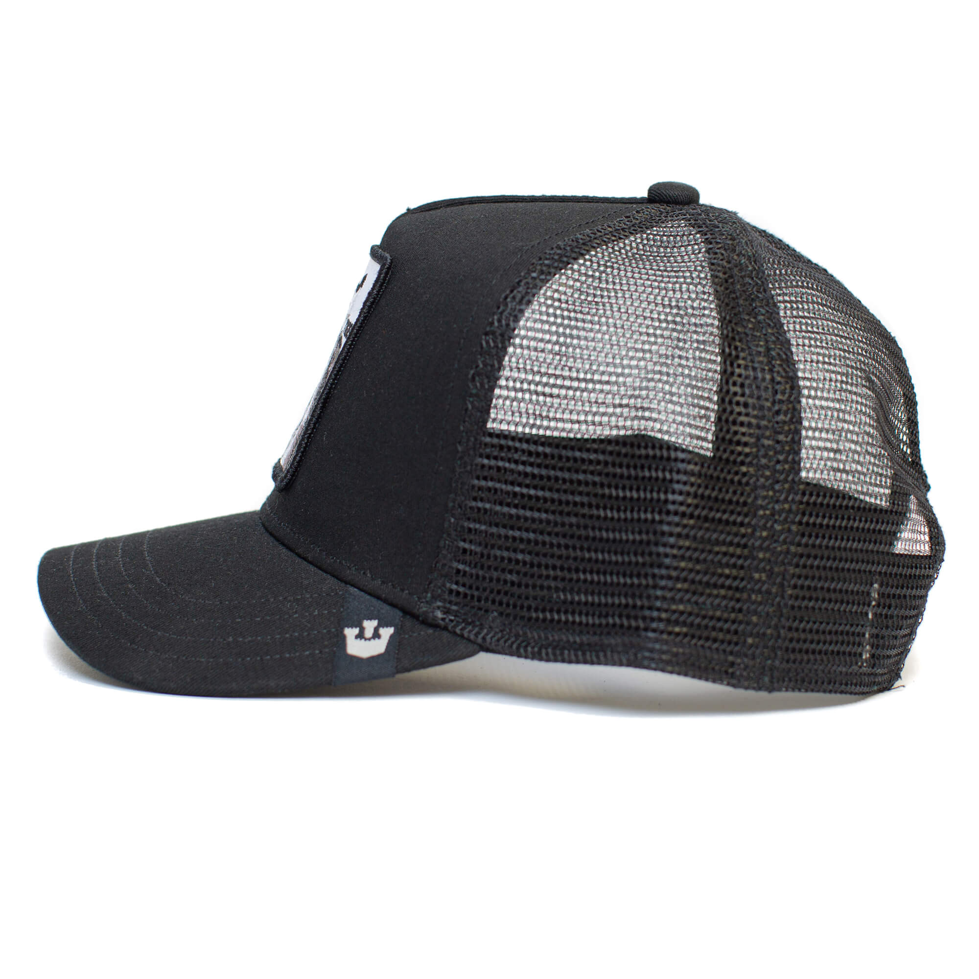 The Goorin Bros. "Earn Your Stripes" kid-sized trucker hat features black mesh, a curved brim, front patch, and adjustable closure—ideal for ages 4-10. Shown in side profile.