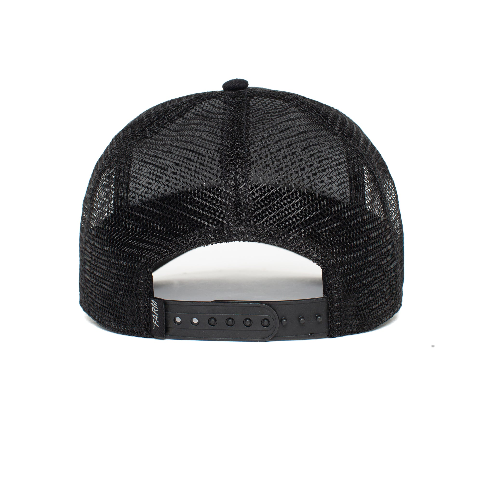 Back view of The Butch by The Farm, a black mesh trucker hat with adjustable snapback closure. All sales are final.