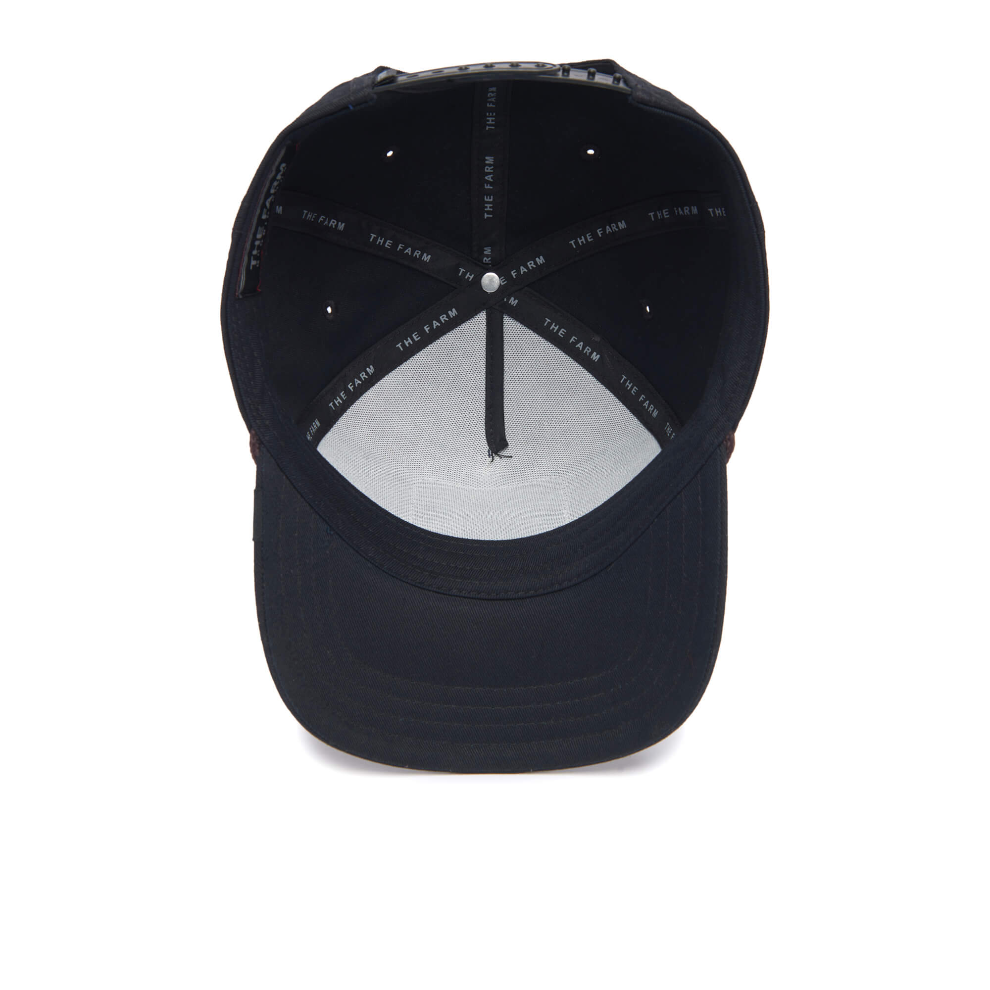 Inside view of The Farm Alpha Dog 100 black baseball cap showing brim, inner lining, and stitched brand label. All Sales Final.