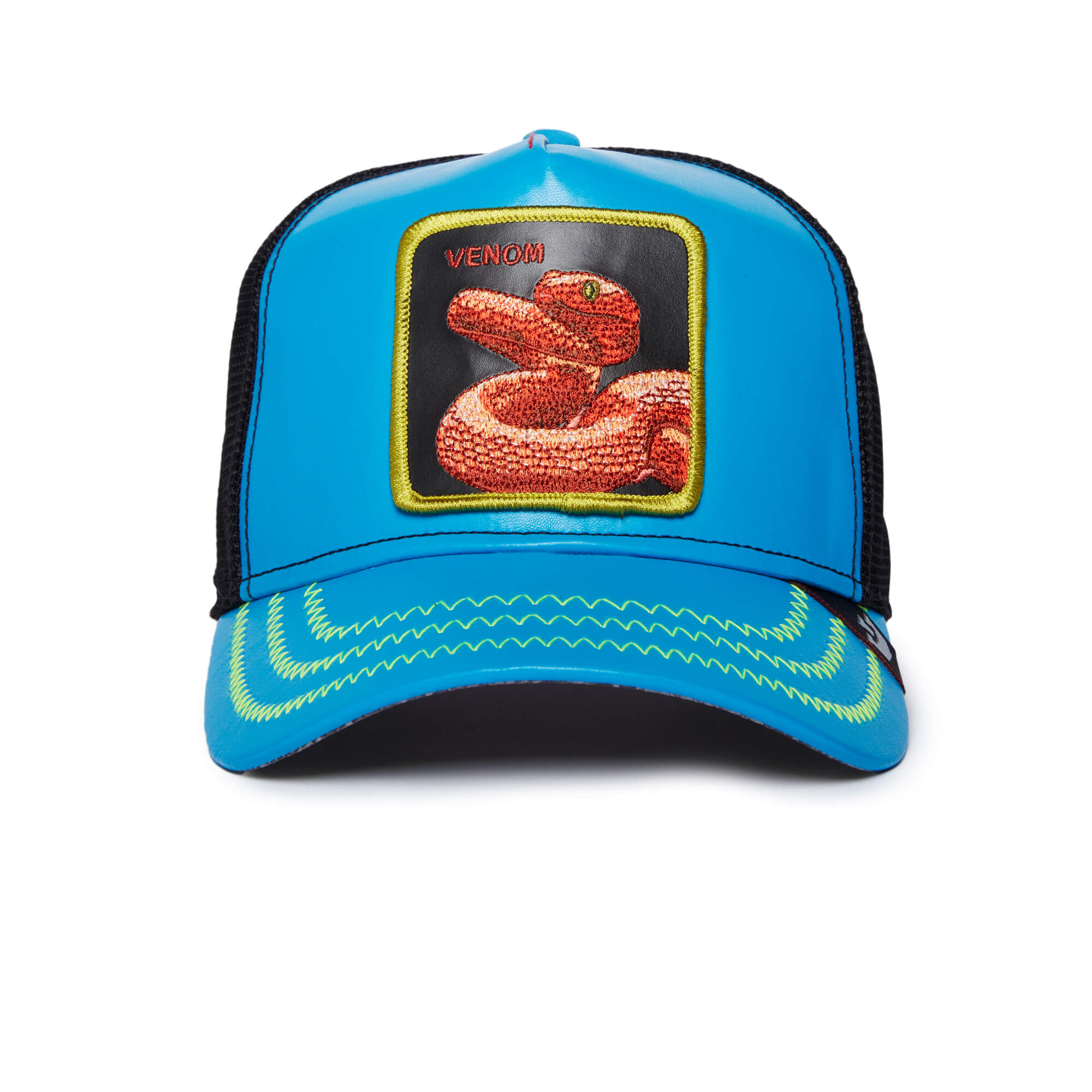 A blue and black trucker hat by The Farm called V3N0M, featuring an orange snake patch labeled VENOM and green stitching on the brim. All sales final.