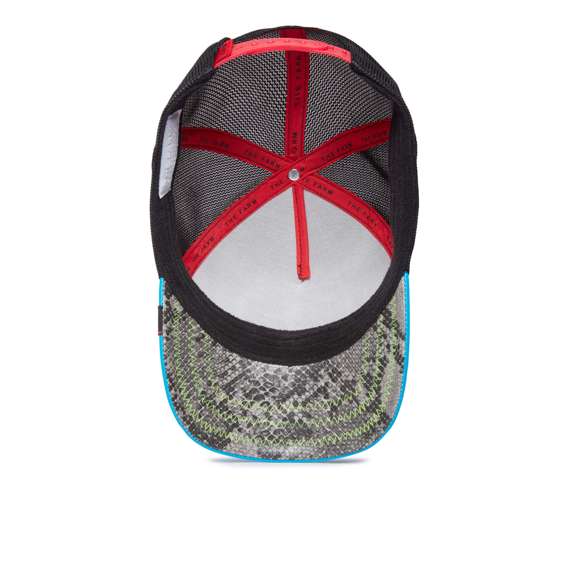 A top view of The Farm V3N0M trucker hat featuring a black mesh back, red interior seams, and a green, gray, and blue patterned brim. All sales are final.