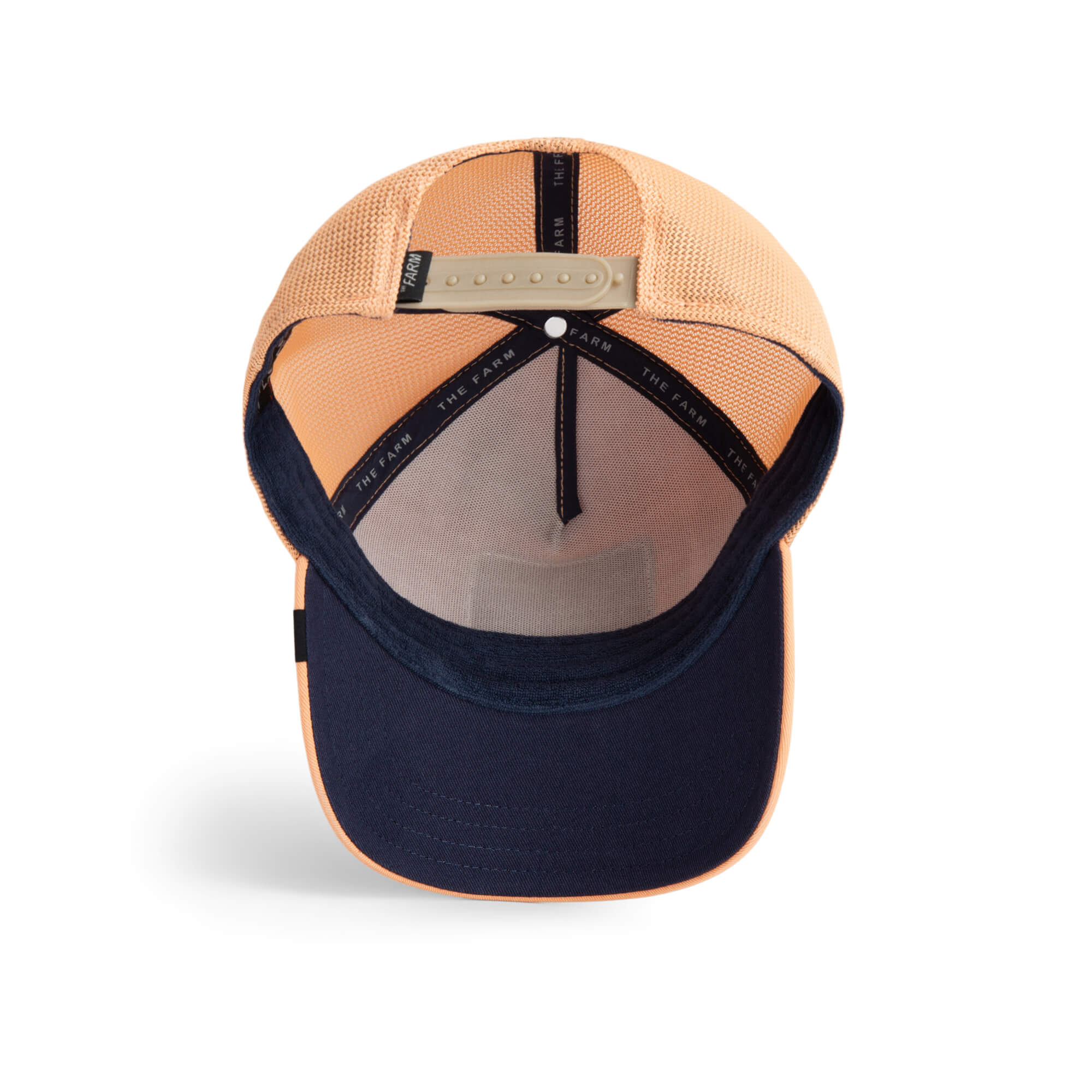 The Farm V2 Pantera peach and navy baseball cap, shown from the underside, features an adjustable snapback closure, mesh panels, and interior branded lining. Please note: All sales are final.