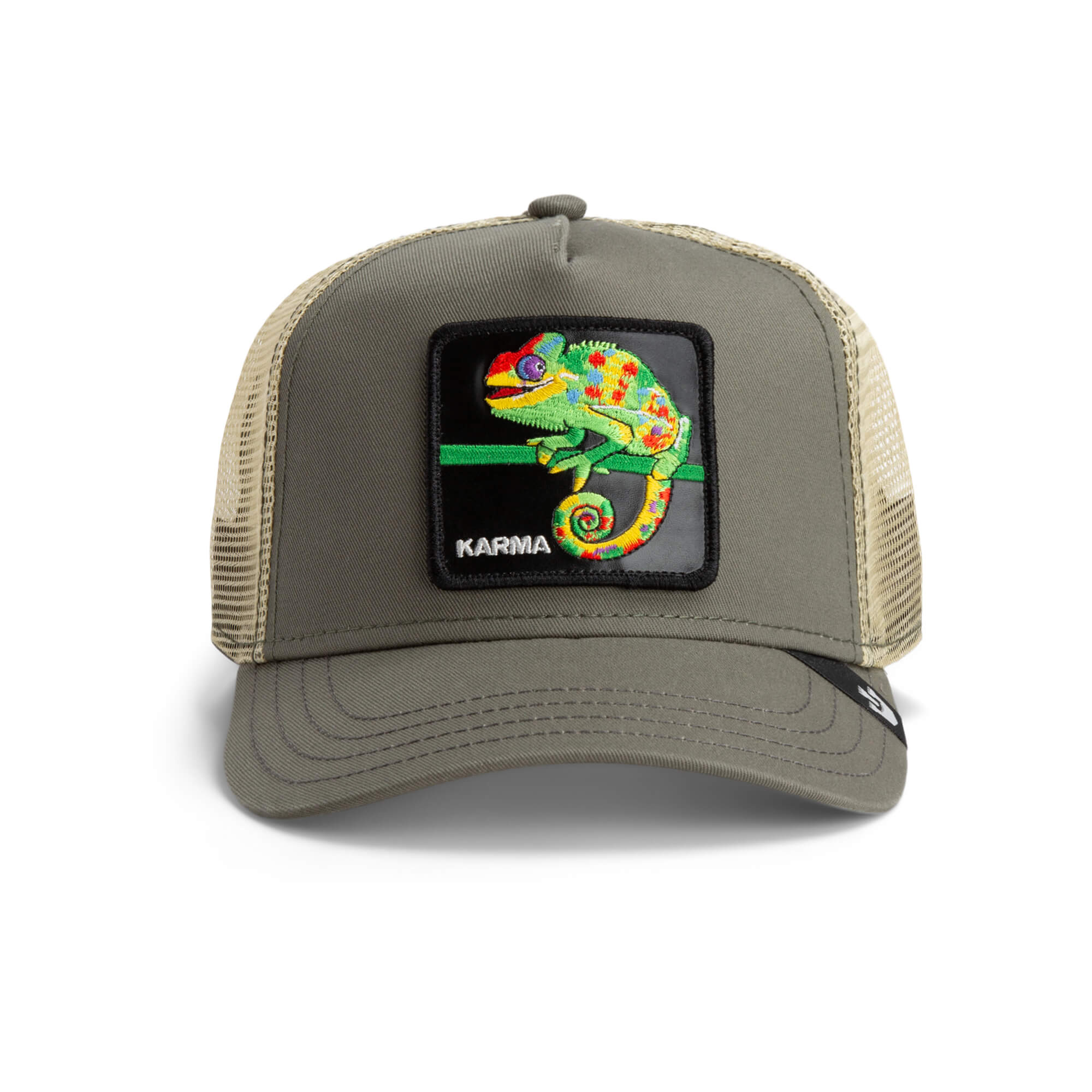 The Karma Chameleon by The Farm is an olive mesh trucker hat with a vibrant chameleon patch and KARMA embroidered on the front—perfect for showing off good vibes.