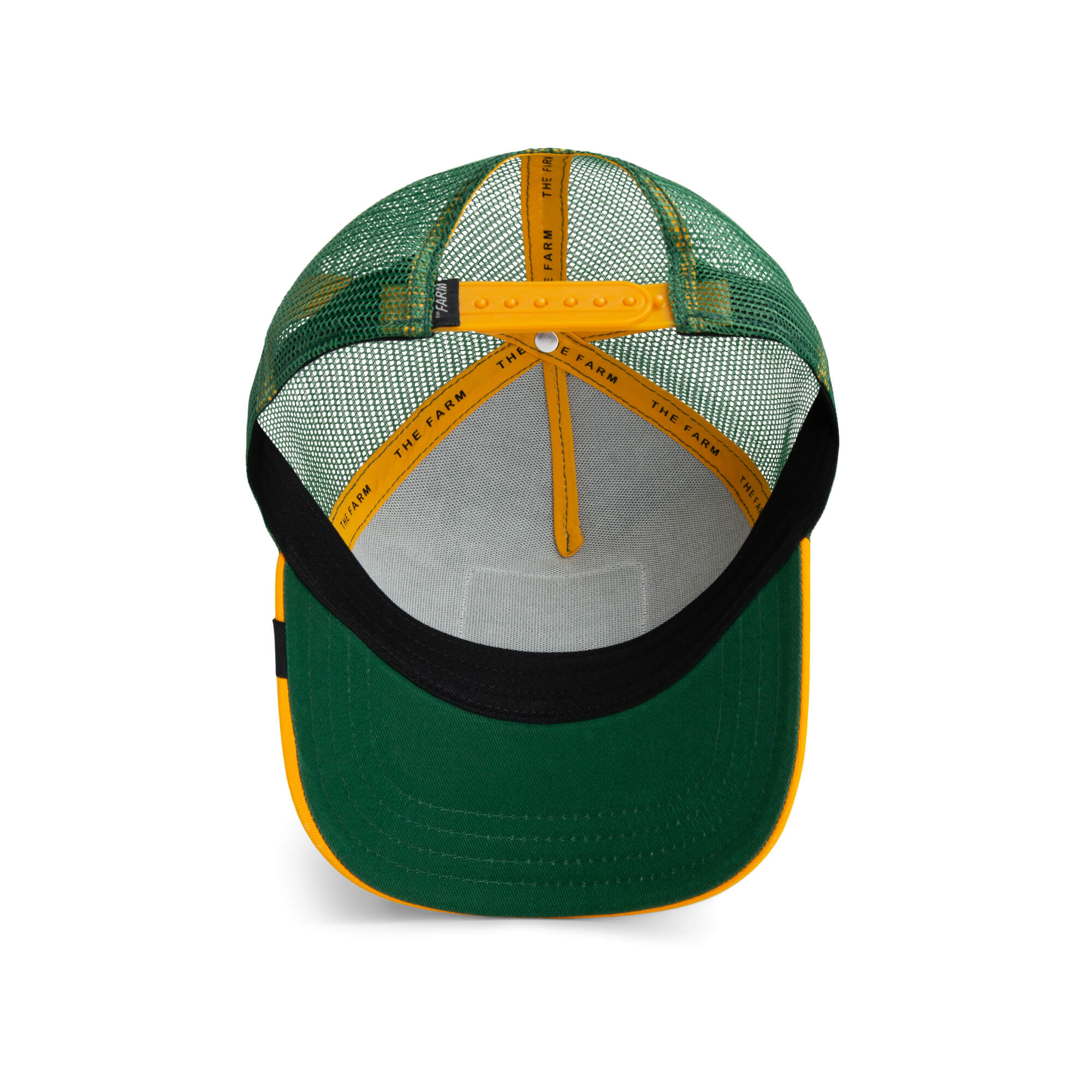 The Oh Snap Alligator by The Farm: green and yellow trucker hat viewed from above, featuring mesh back, adjustable snap closure, and interior sweatband with THE FARM text. All sales final.
