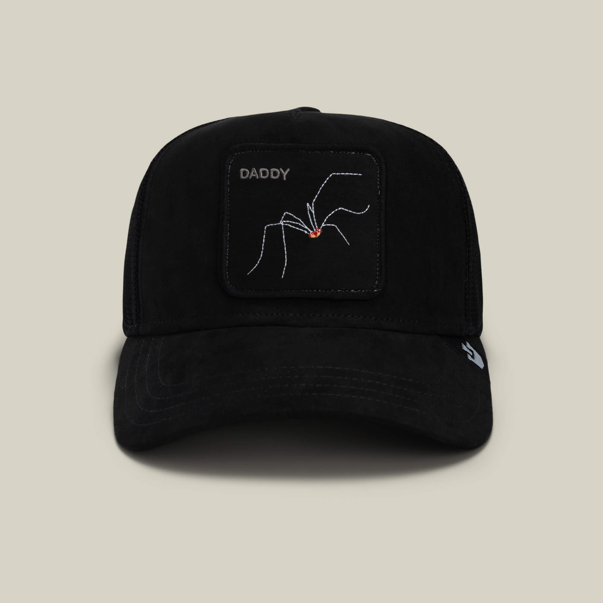 The Suede Spider by Goorin Bros. is a black hat with a patch featuring a white spider line drawing, a small red accent, and "DADDY" above the image—makes a fun and unique dad gift.
