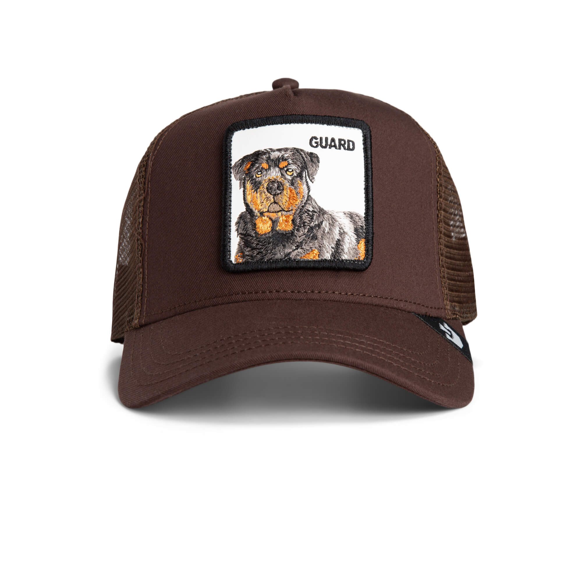 The Farm's "The Guard Dog" brown mesh trucker cap features a front patch with an embroidered Rottweiler and "GUARD." All sales final.