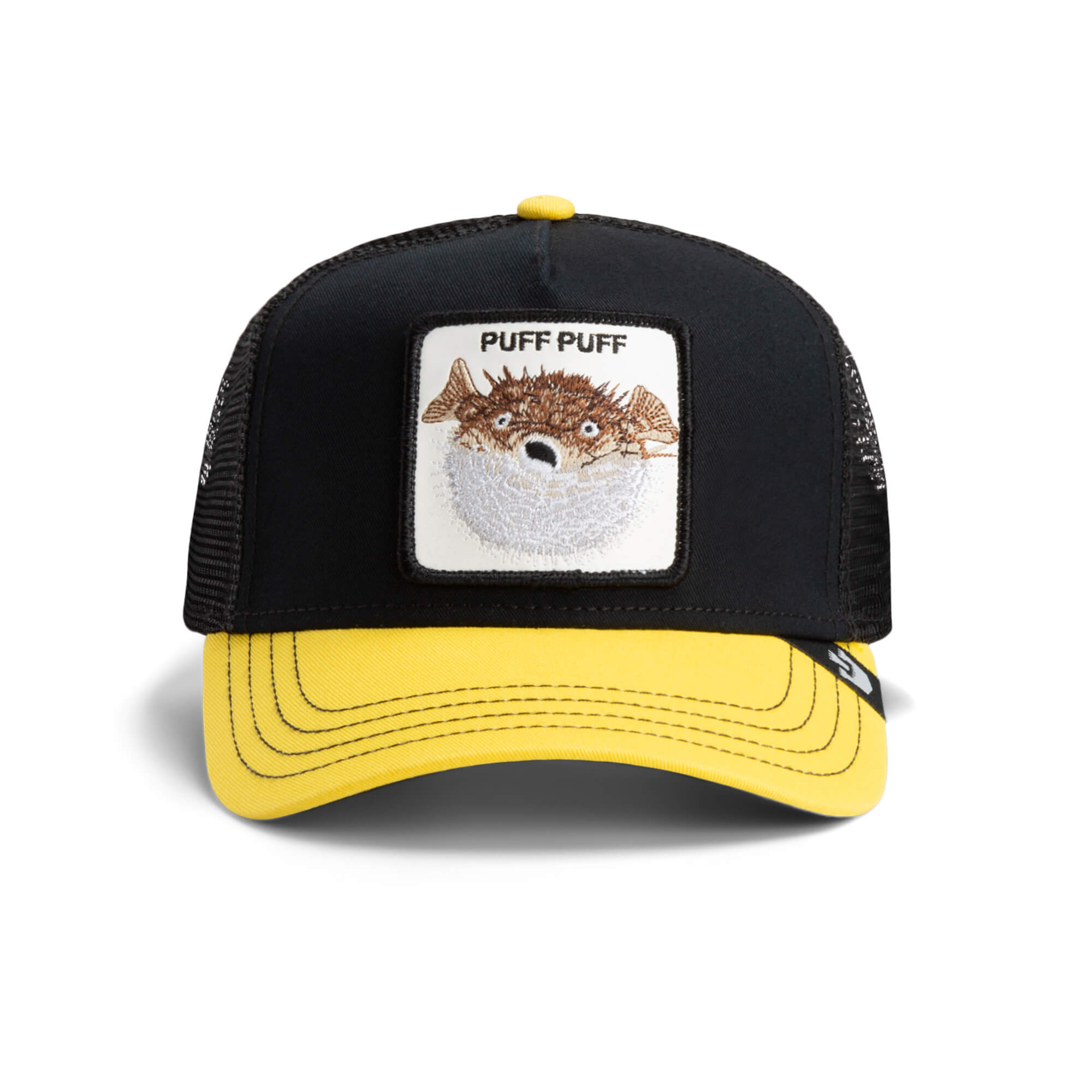The Farm’s “The Puff Puff Fish” is a black and yellow trucker hat with a mesh back and a front patch featuring a pufferfish and the text “PUFF PUFF.” All sales are final.