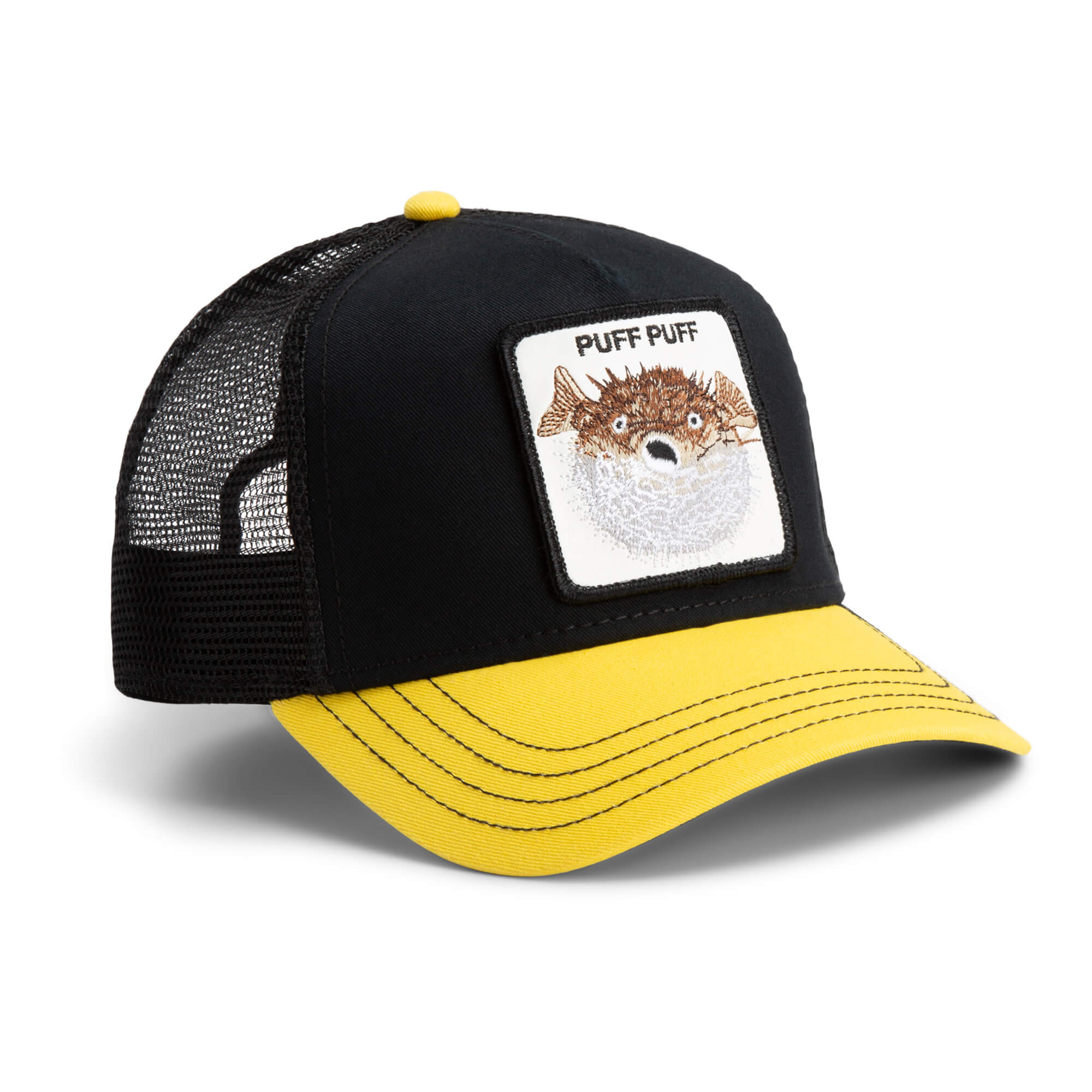 The Farm's "The Puff Puff Fish" is a black and yellow trucker hat with mesh back, featuring a front patch of a pufferfish and "PUFF PUFF." All sales final.