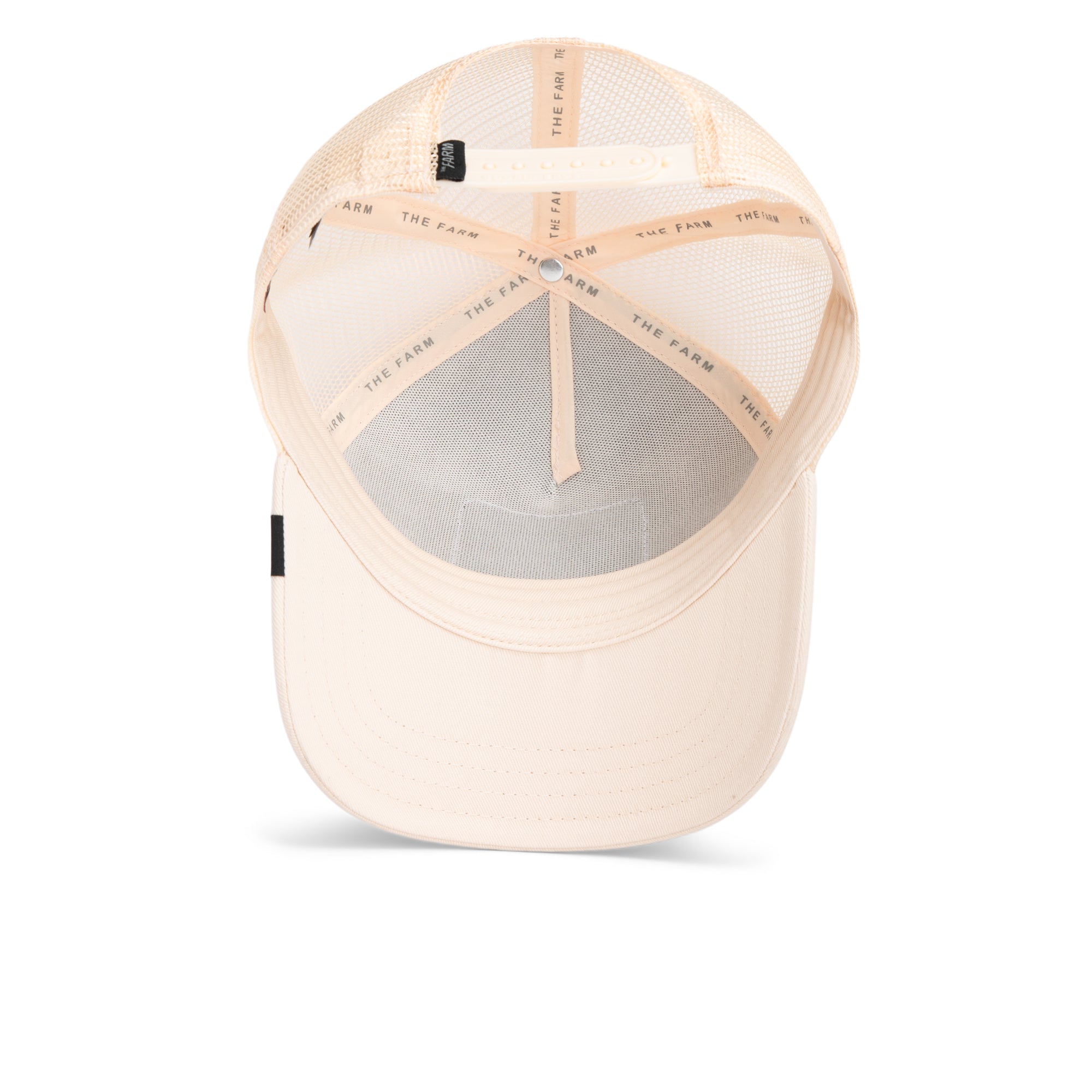 The Far Out Mirage baseball cap by Goorin Bros., from the Chroma Wave collection, features a beige mesh back, adjustable strap, visible internal structure, and THE FARM branding on the inner bands when viewed from above.