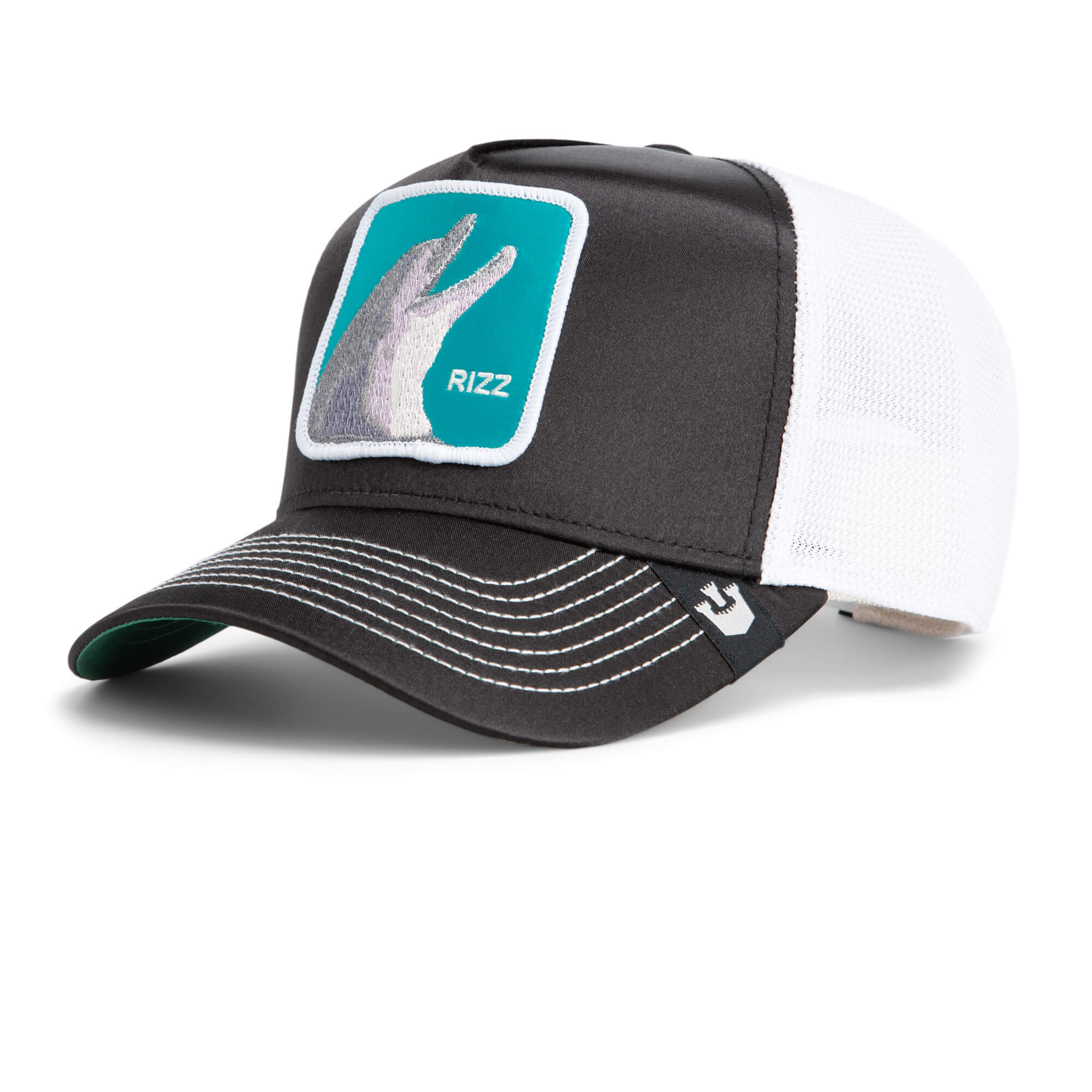The Rizzky Bizznizz by Goorin Bros. is a black and white trucker hat with a teal patch featuring an embroidered hand gesture and the word "RIZZ"—a bold statement piece for your collection.