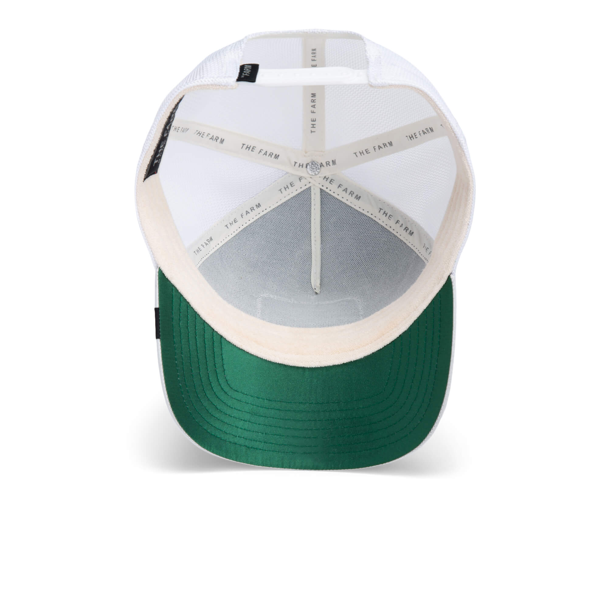 Interior view of the Goorin Bros. Get Blown cap: features a white mesh crown, green bill, cream sweatband, and THE FARM branding on the inner seams—evoking classic bomber sateen cap style.