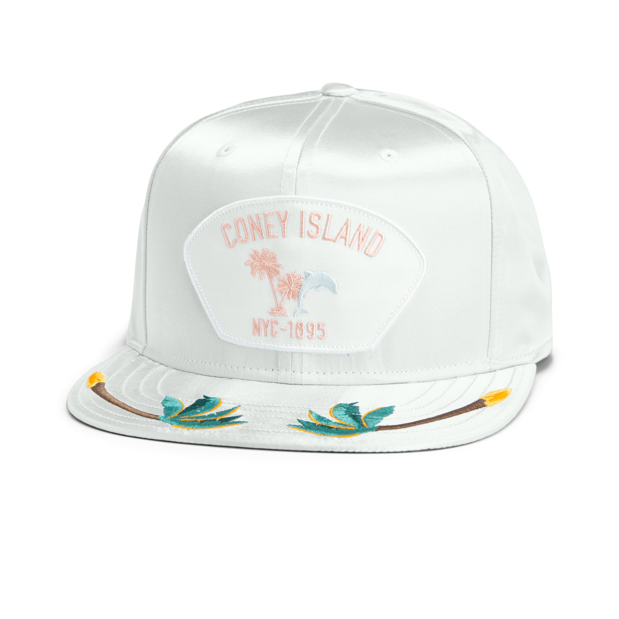 The Island Getaway by Goorin Bros. is a white flat-bill cap featuring a Coney Island NYC-1895 patch, palm tree and birds-of-paradise embroidery—ideal for your next boardwalk stroll.