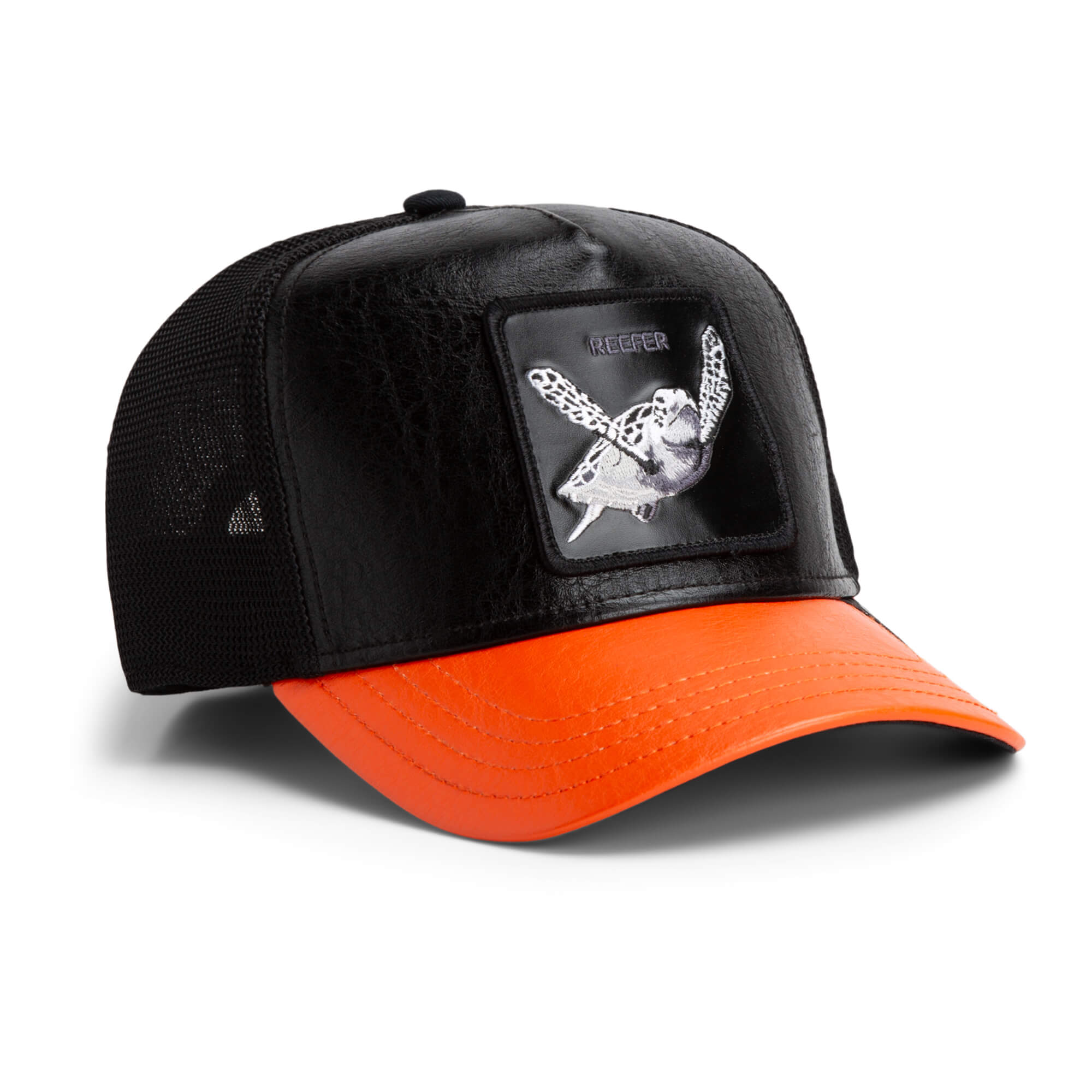 The Farm's Shell Smoke is a black and orange trucker hat featuring a mesh back and an embroidered sea turtle patch on the front. All sales are final.