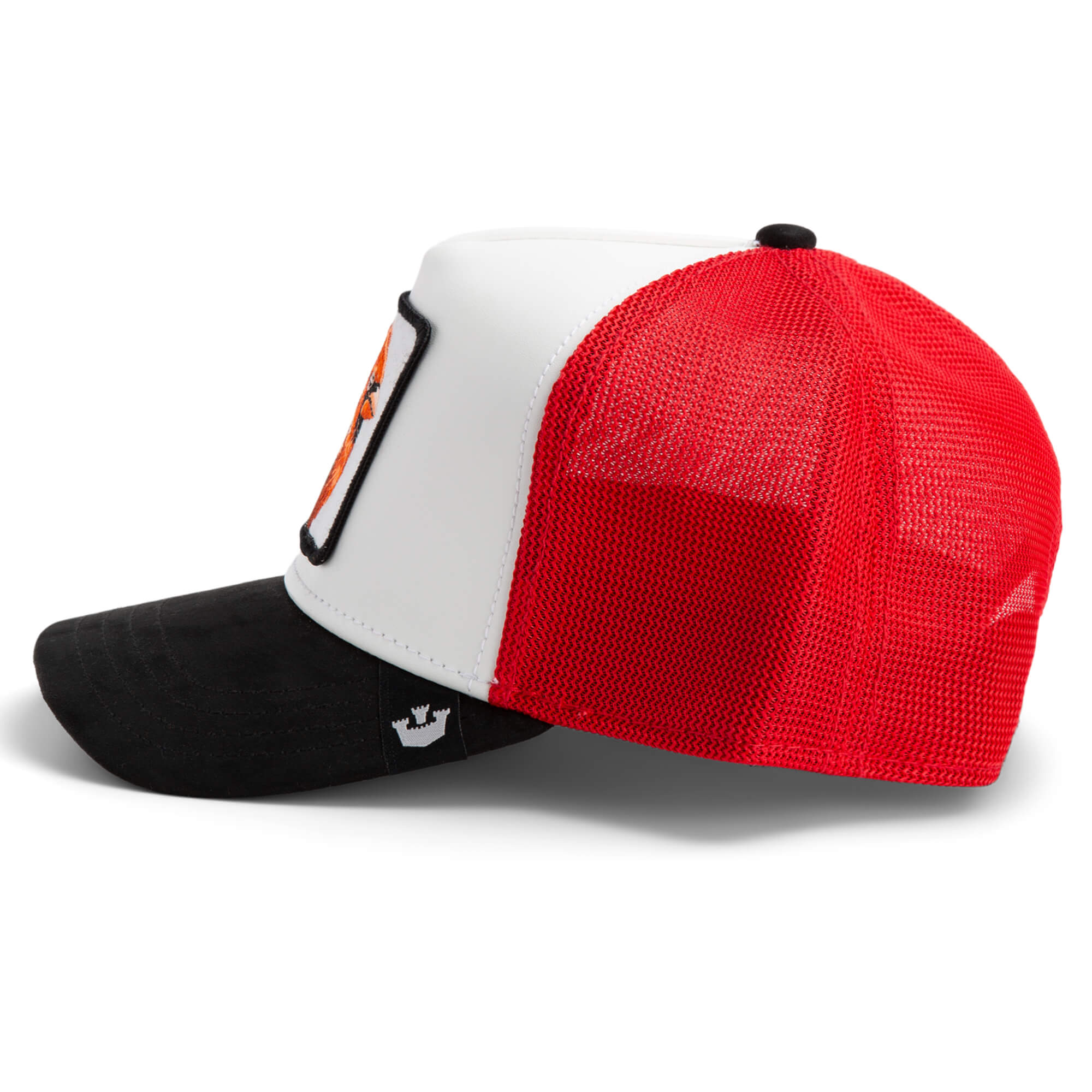 Side view of The Farm "TF is Bustle?" trucker hat with black brim, white front panel, and red mesh back. A small crown tag is on the brim's left side. All sales are final.