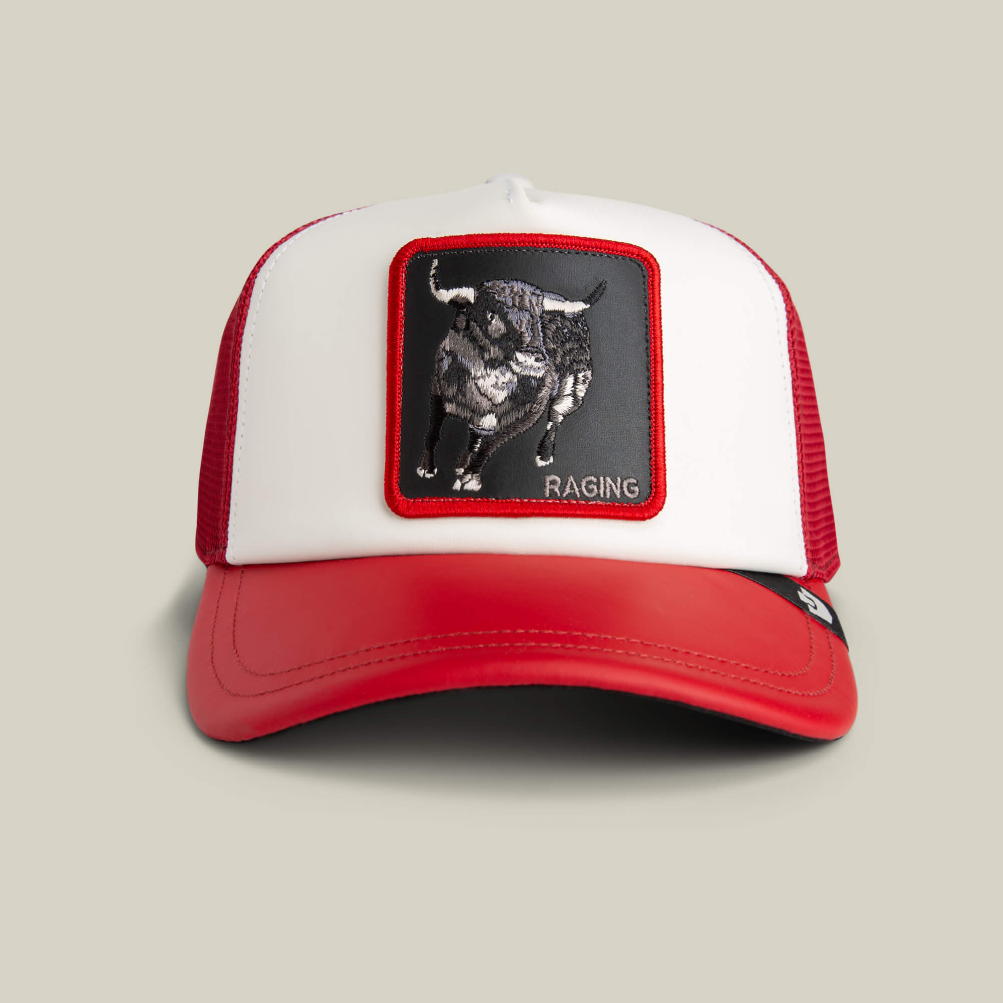 The Goorin Bros. LFG Raging Bull hat features a DUST and RUSH colorway with a bold bull patch and "RAGING" embroidered on the front.