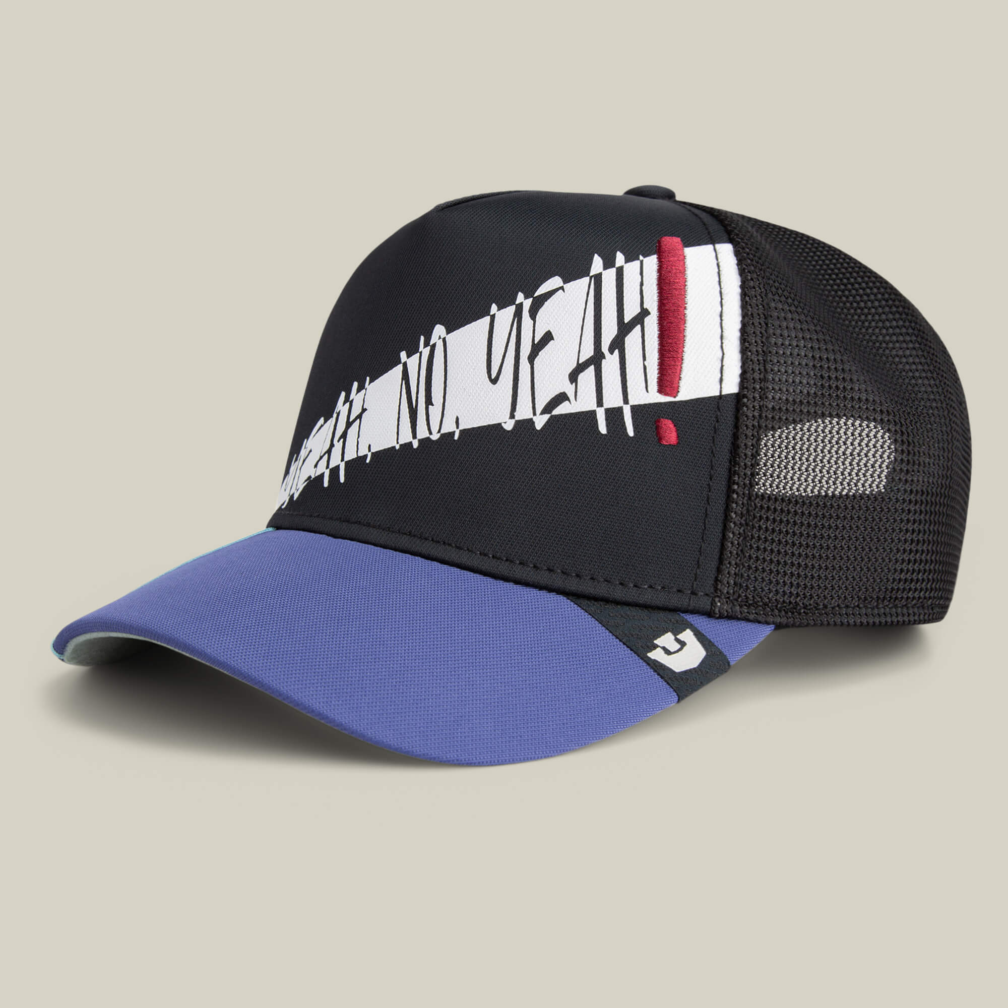 The Goorin Bros. "Means Yes" cap features a black and blue mesh design with “NO, YEAH!” in bold white letters and a red exclamation mark on the front—an eye-catching accessory for any occasion.