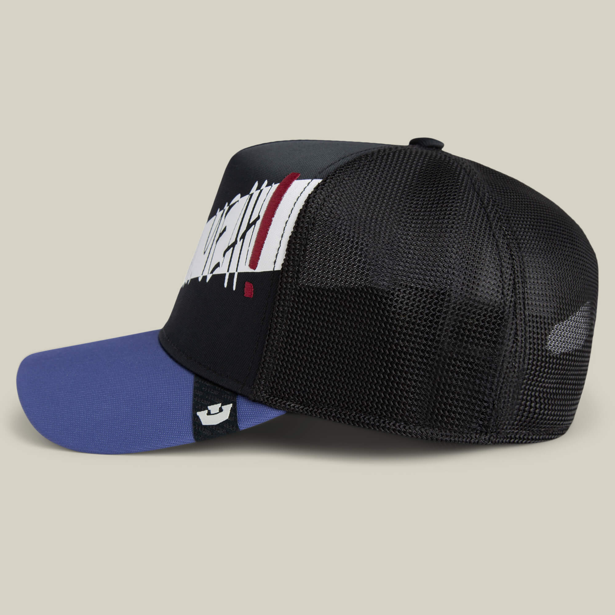 The Goorin Bros. Means Yes cap is a unique fashion accessory with a black mesh back, blue bill, bold white and red graphic text on the front, and a small logo tag near the visor.