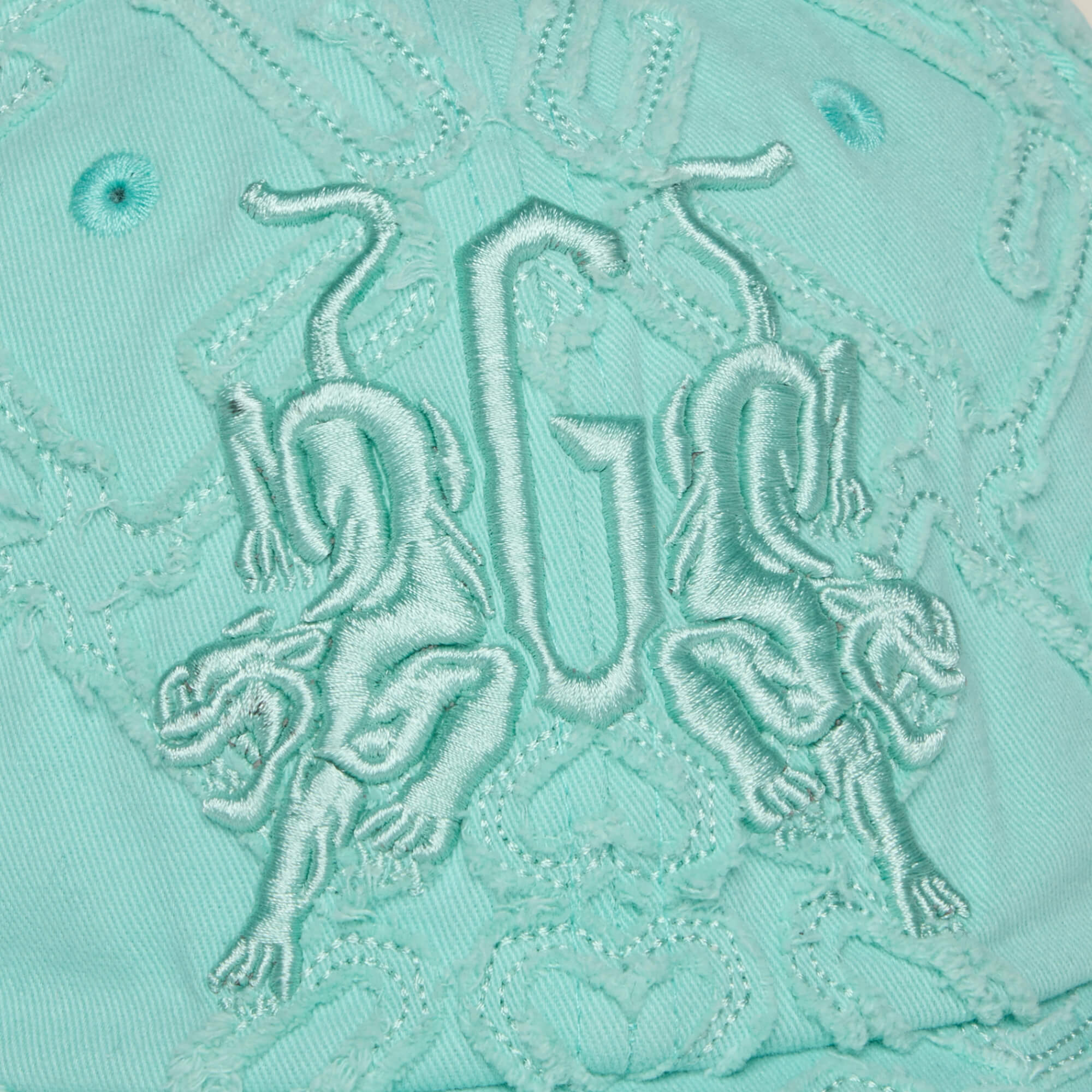 The Goorin Bros. Future Baby Daddy cap features aqua fabric with all-over embroidery, two mirrored lions, and central GU letters—perfect for main character vibes.