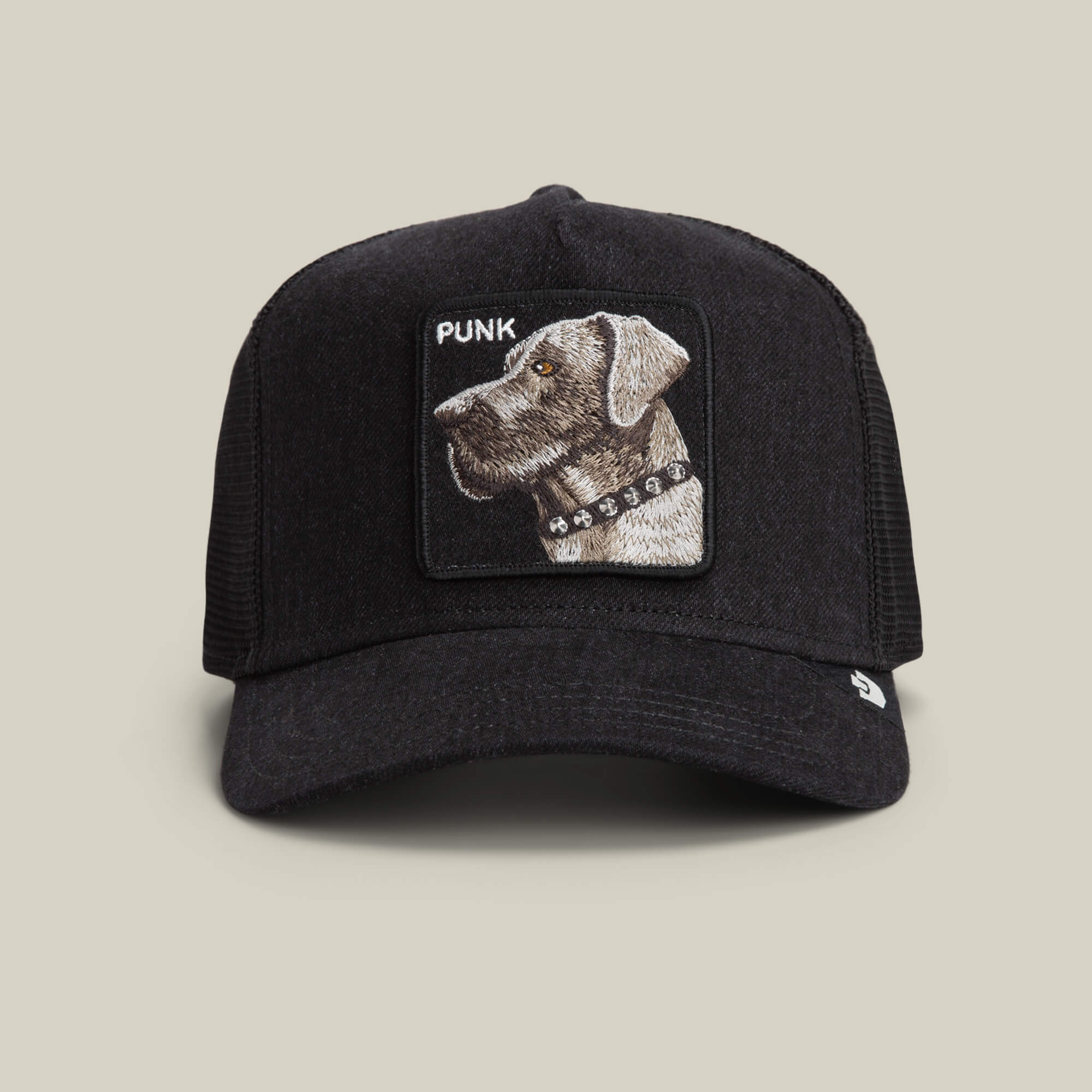 The Goorin Bros. Punk Dawg hat in BLACK DENIM features a patch with an embroidered dog wearing a studded collar and "PUNK" stitched above its head.