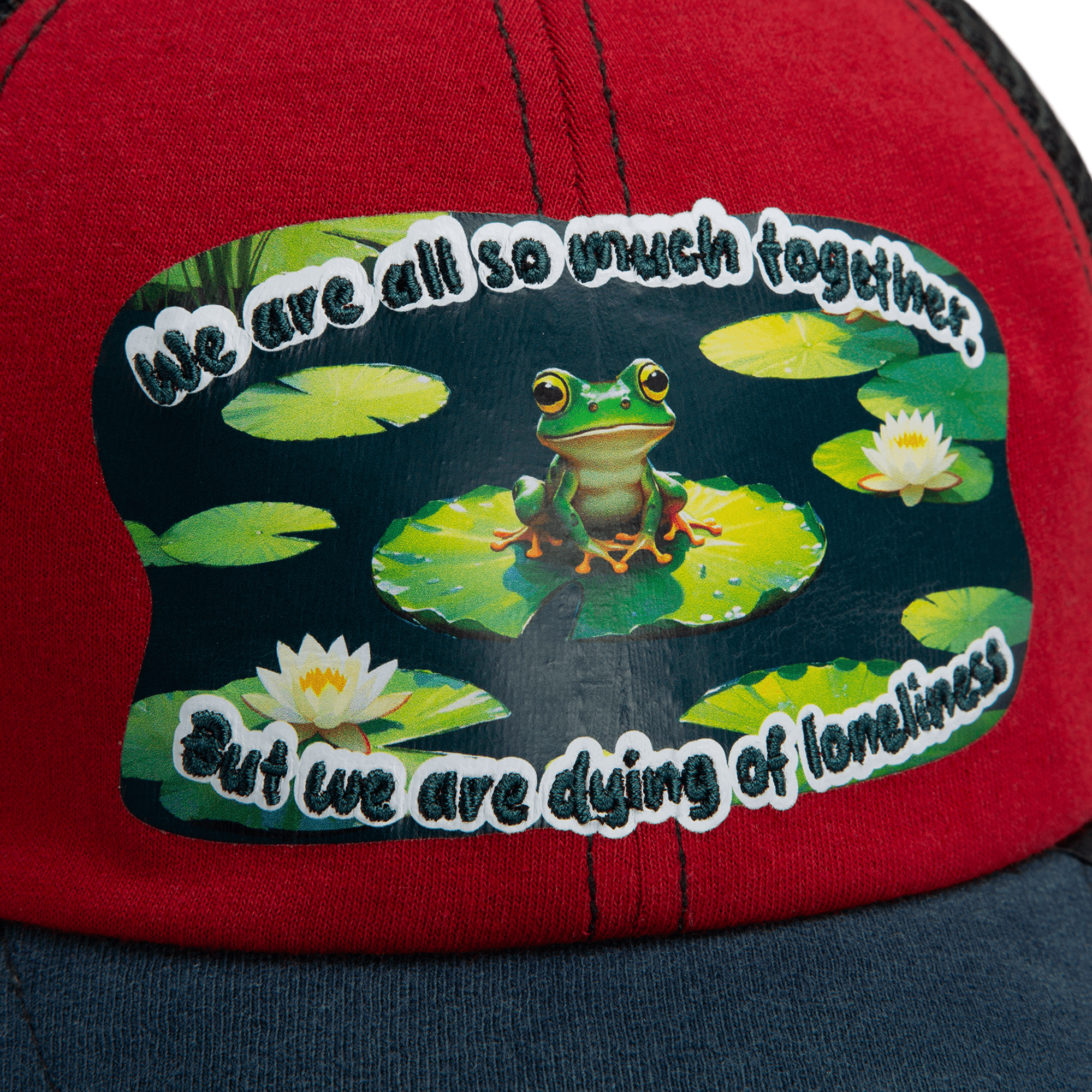 A close-up of the Goorin Bros. "Lil Sohei" recycled red and blue hat, featuring a patch with a frog on lily pads and the text: We are all so much together, but we are dying of loneliness.