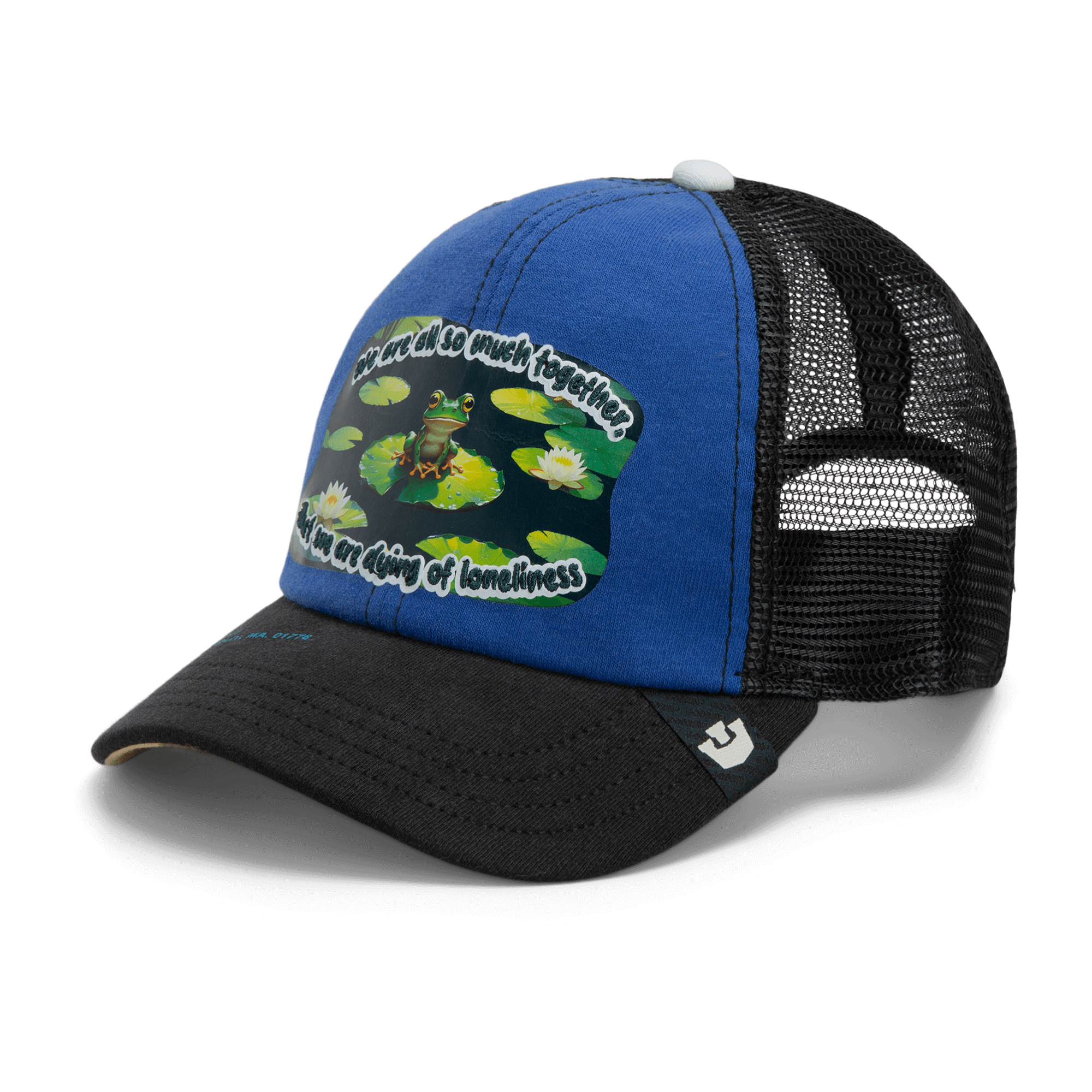 The Goorin Bros. Lil Sohei is a blue and black mesh trucker hat from the Storybook Collection featuring a frog on lily pads with the quote, "We were all so much together, but we were dying of loneliness.