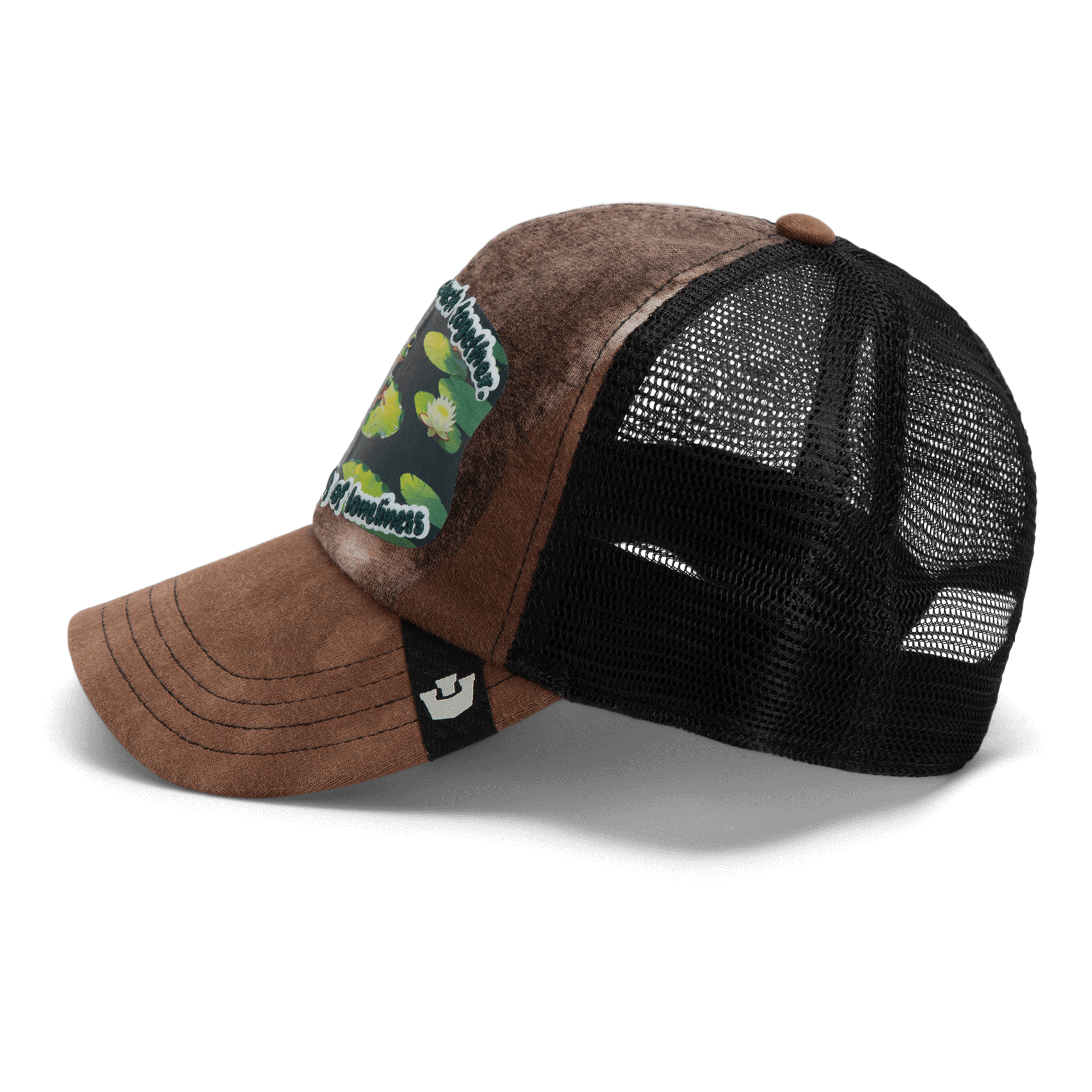 The Lil Sohei by Goorin Bros. is a brown and black mesh trucker hat from the Storybook collection, featuring a green and white front patch and a small black and white logo tag—ideal for unique hat enthusiasts.