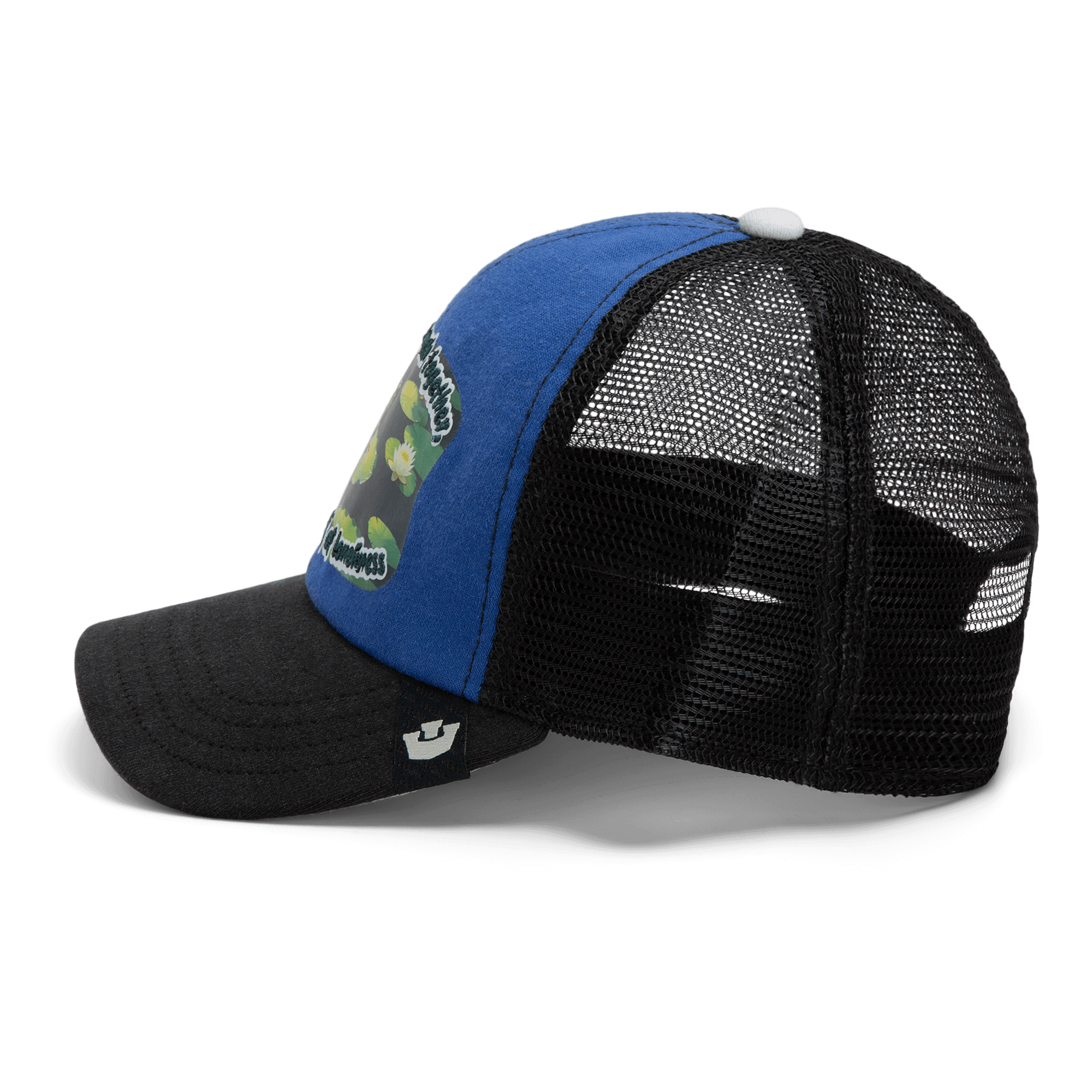 The Goorin Bros. Lil Sohei is a blue and black trucker hat from the Storybook collection, featuring a front camo patch and black mesh back—ideal for anyone seeking a unique cap.