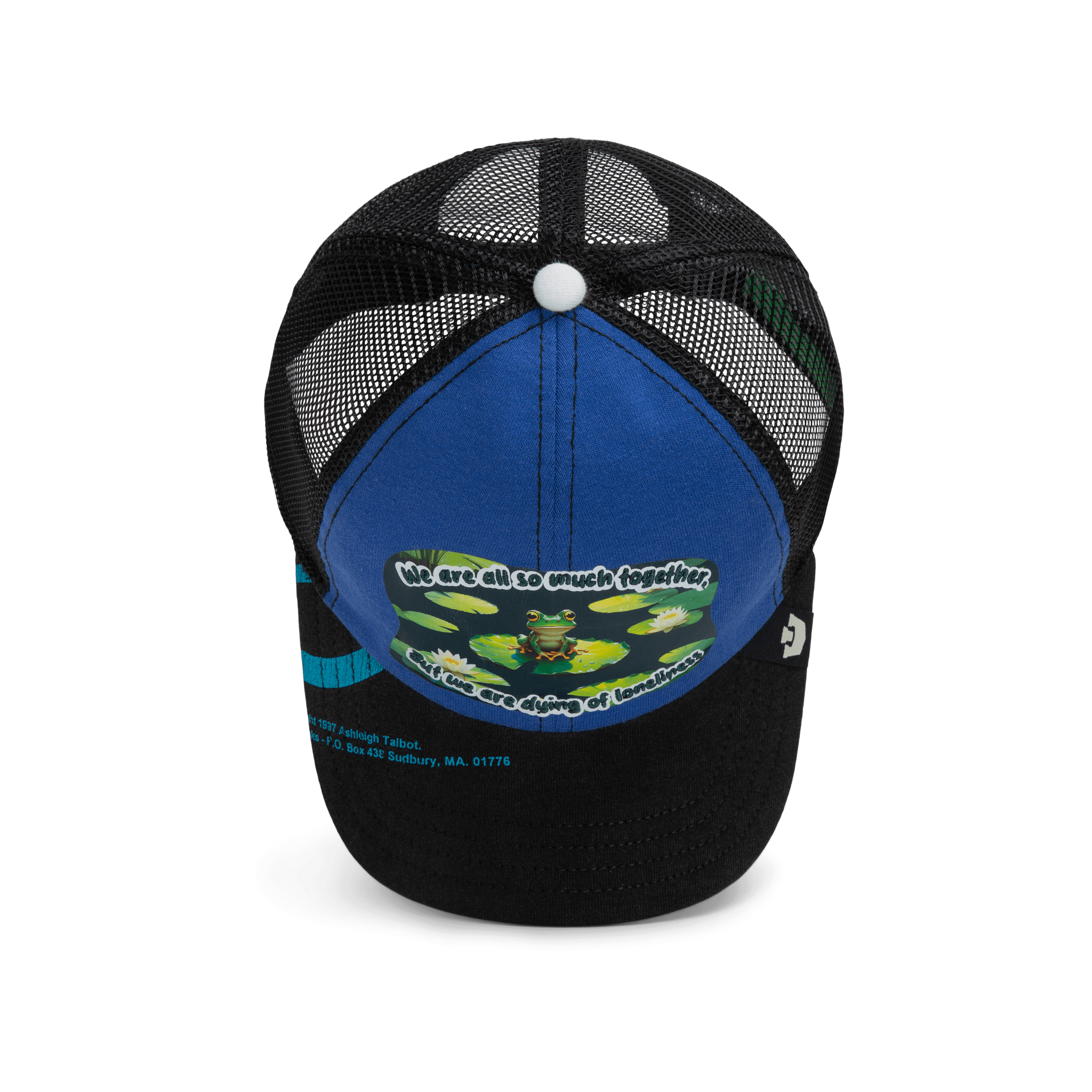 The Lil Sohei by Goorin Bros. is a black and blue mesh trucker hat from the Storybook collection, featuring a frog and lily pad graphic with the text "We are all so much together, but we are all dying of loneliness.