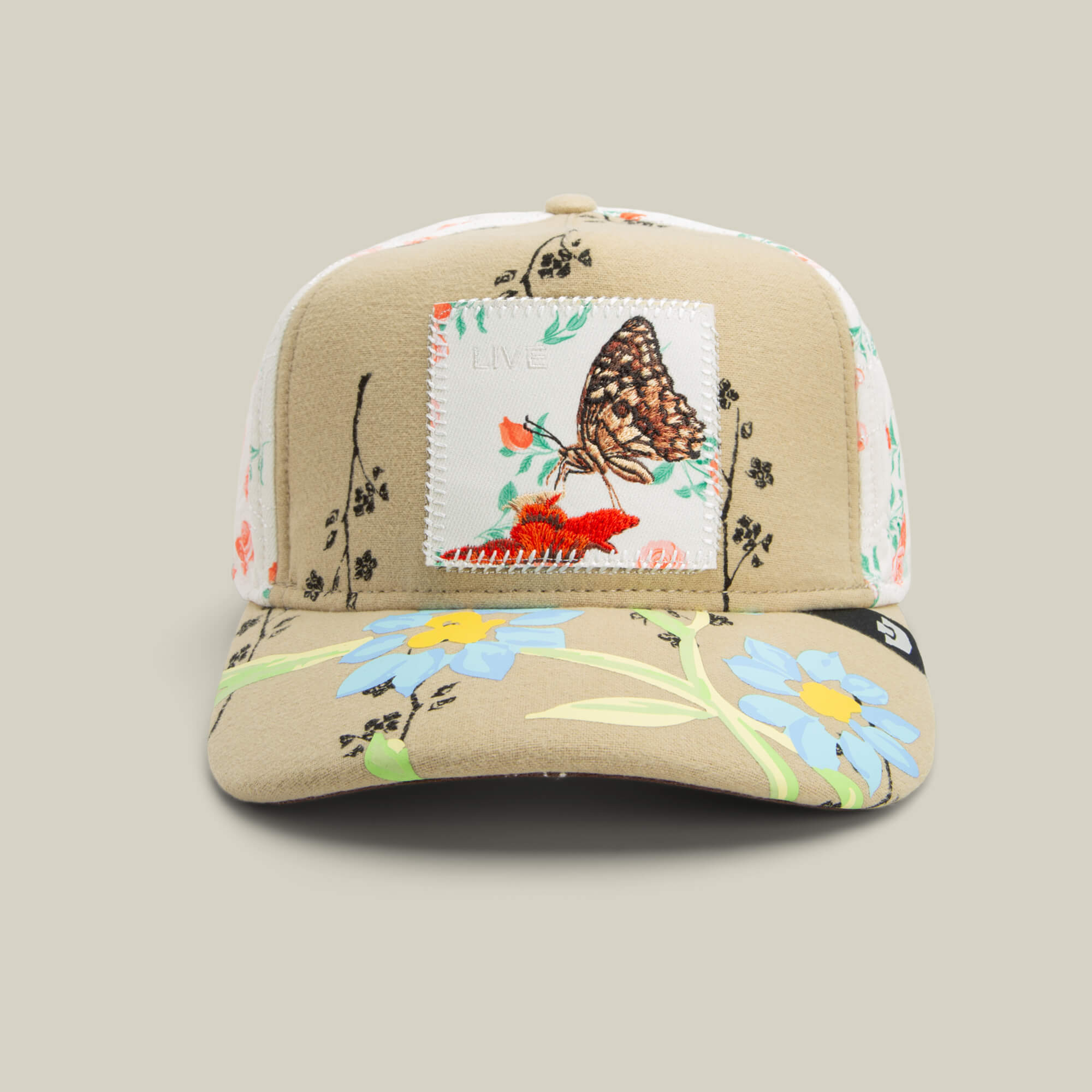 New Custom Designed Ivory Distressed Baseball Cap with Tan & Green Butterfly Women main image 4