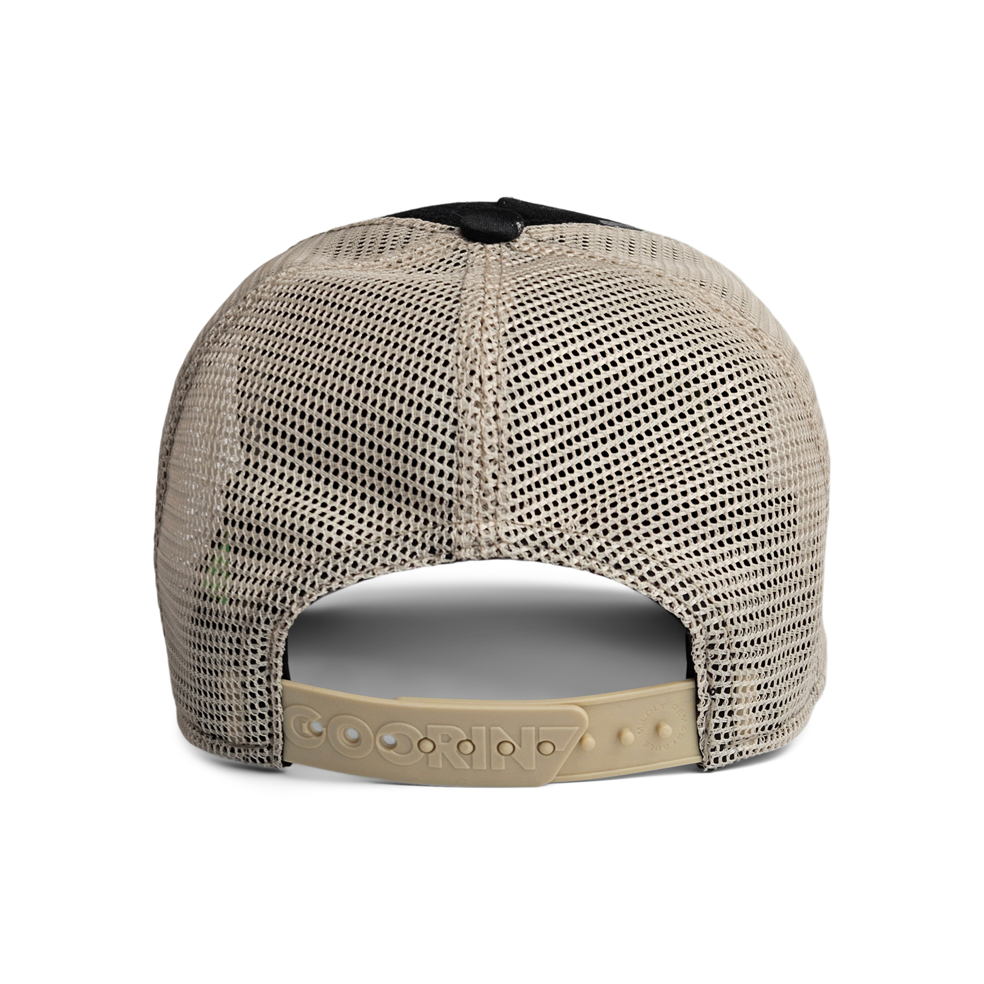 The Goorin Rework Trucker by Goorin Bros. is shown from the back, featuring a beige mesh design and an adjustable snapback closure—crafted from recycled fabrics for a unique, eco-friendly touch.