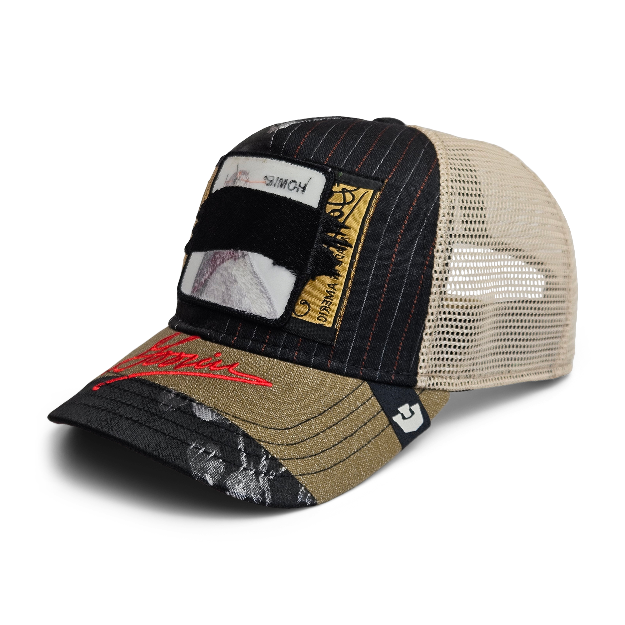 The Goorin Rework Trucker by Goorin Bros. is a limited edition trucker cap featuring a black and beige mesh back, patchwork design, red brim text, and unique stitched and printed patches made from recycled fabrics.