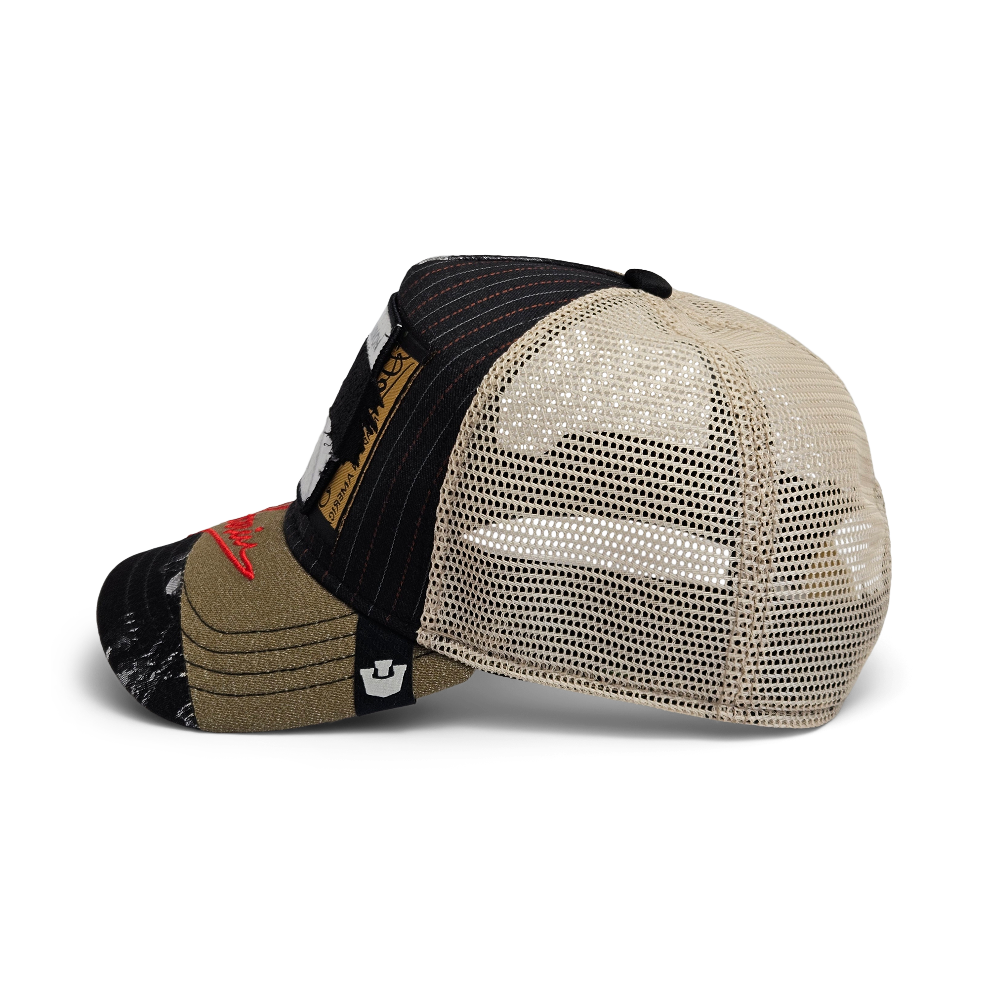 A side view of the limited edition Goorin Bros. Goorin Rework Trucker cap, featuring multicolored beige and black panels, a mesh back, a curved brim, and assorted patches on the front and side.