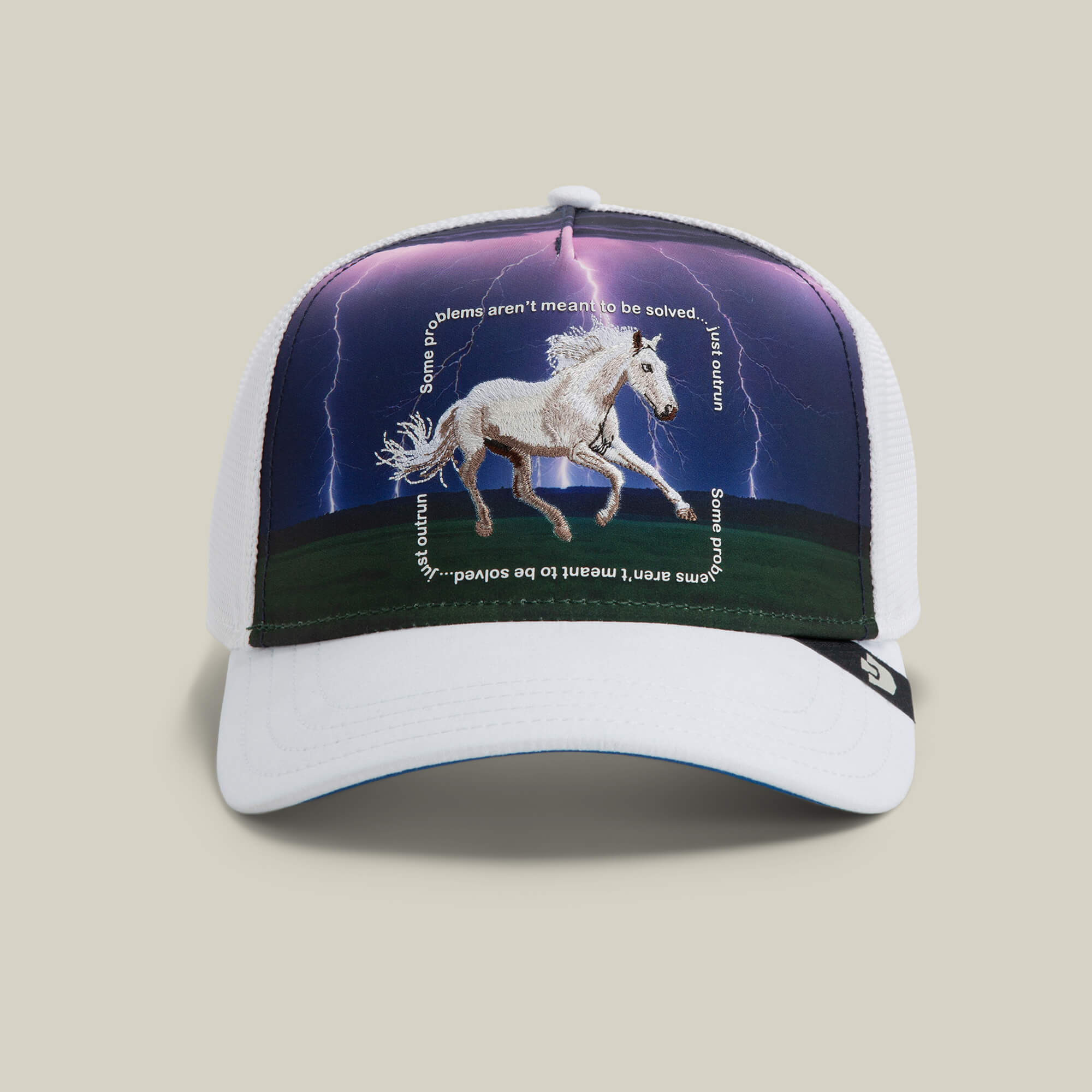 The Goorin Bros. "Through the Storm - Horse" trucker hat features a white mesh design with a galloping horse and lightning sky—an eye-catching accessory for equestrian fans. Color: BLANK.