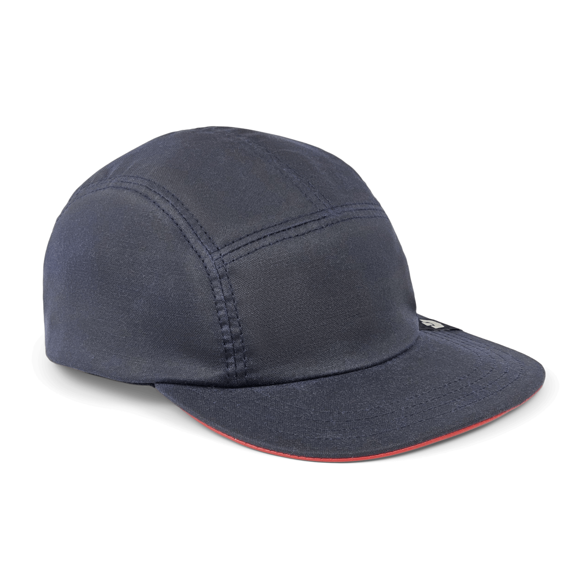 The North Boulder by Goorin Bros. is a dark navy 5-panel camp cap with visible stitching, a curved brim, and a small black side tag, hand cut and sewn in the USA, shown against a white background.